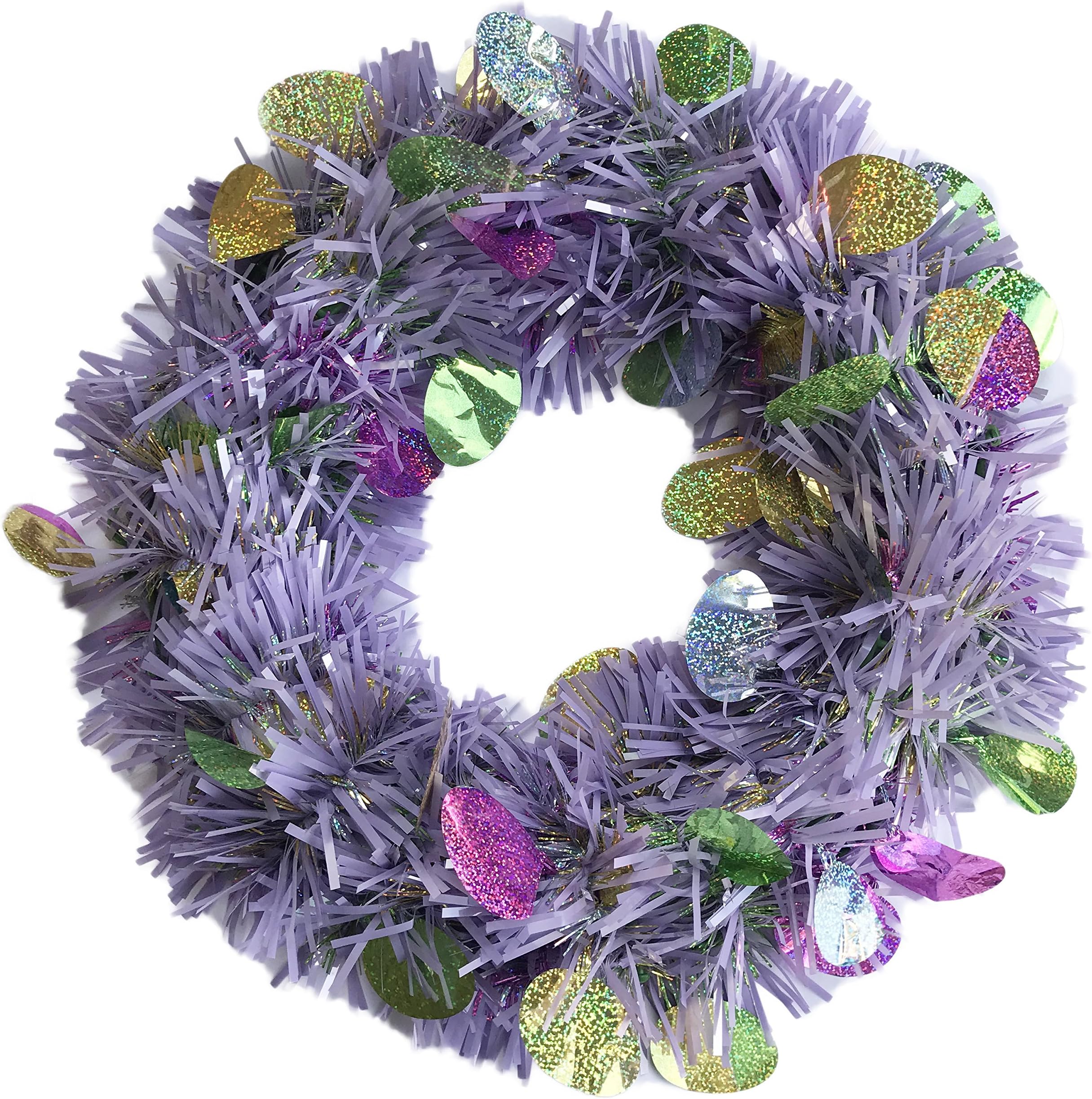 Happy Easter Pastel Colored Eggs and Tinsel Decorative Holiday Wreath (Purple)
