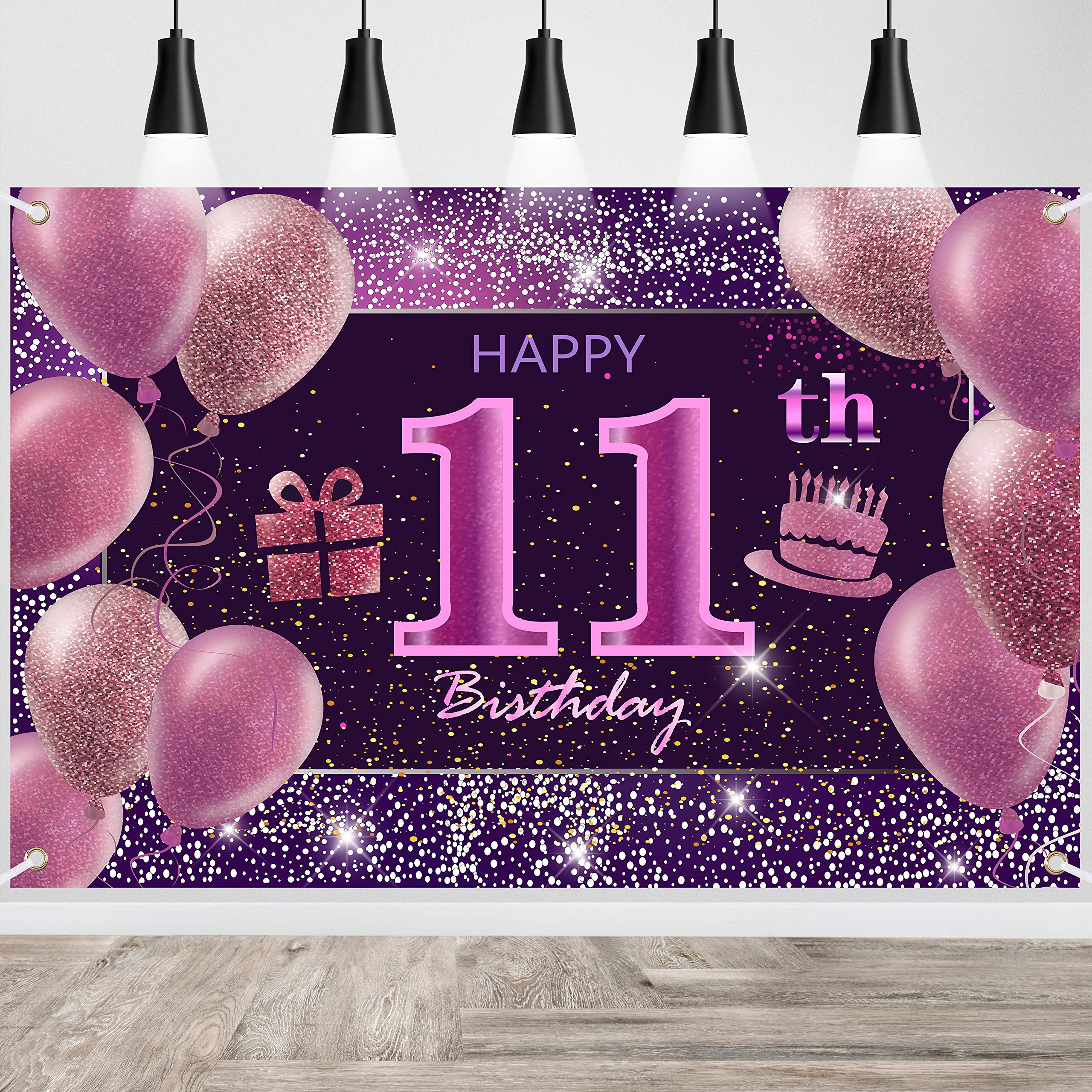 IMISI 11th Birthday Decorations - Happy Birthday Banner, Pink Backdrop for Party