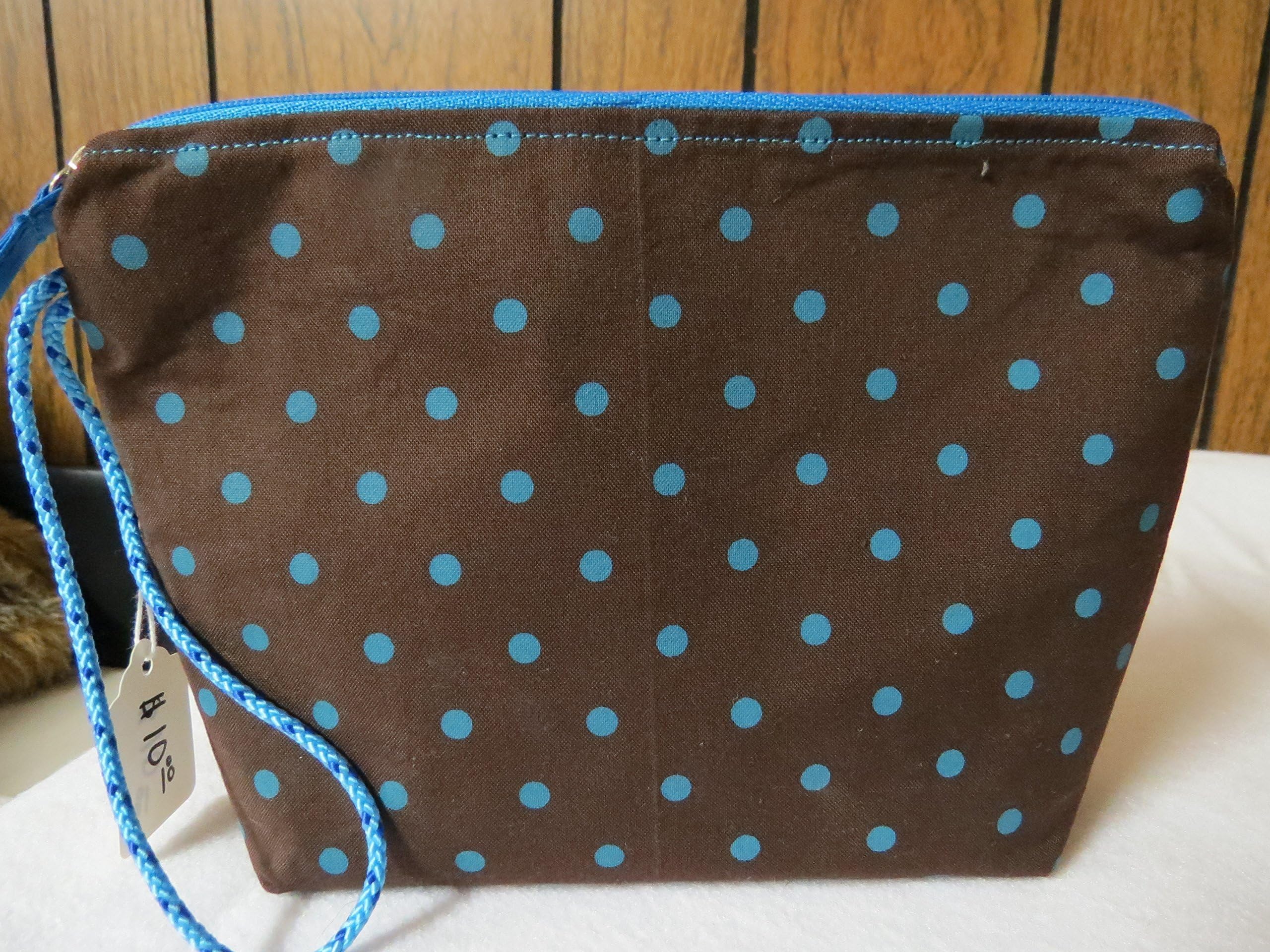 Handmade Fabric Makeup bag, cloth cosmetic bag, brown and blue polka dot, wristlet