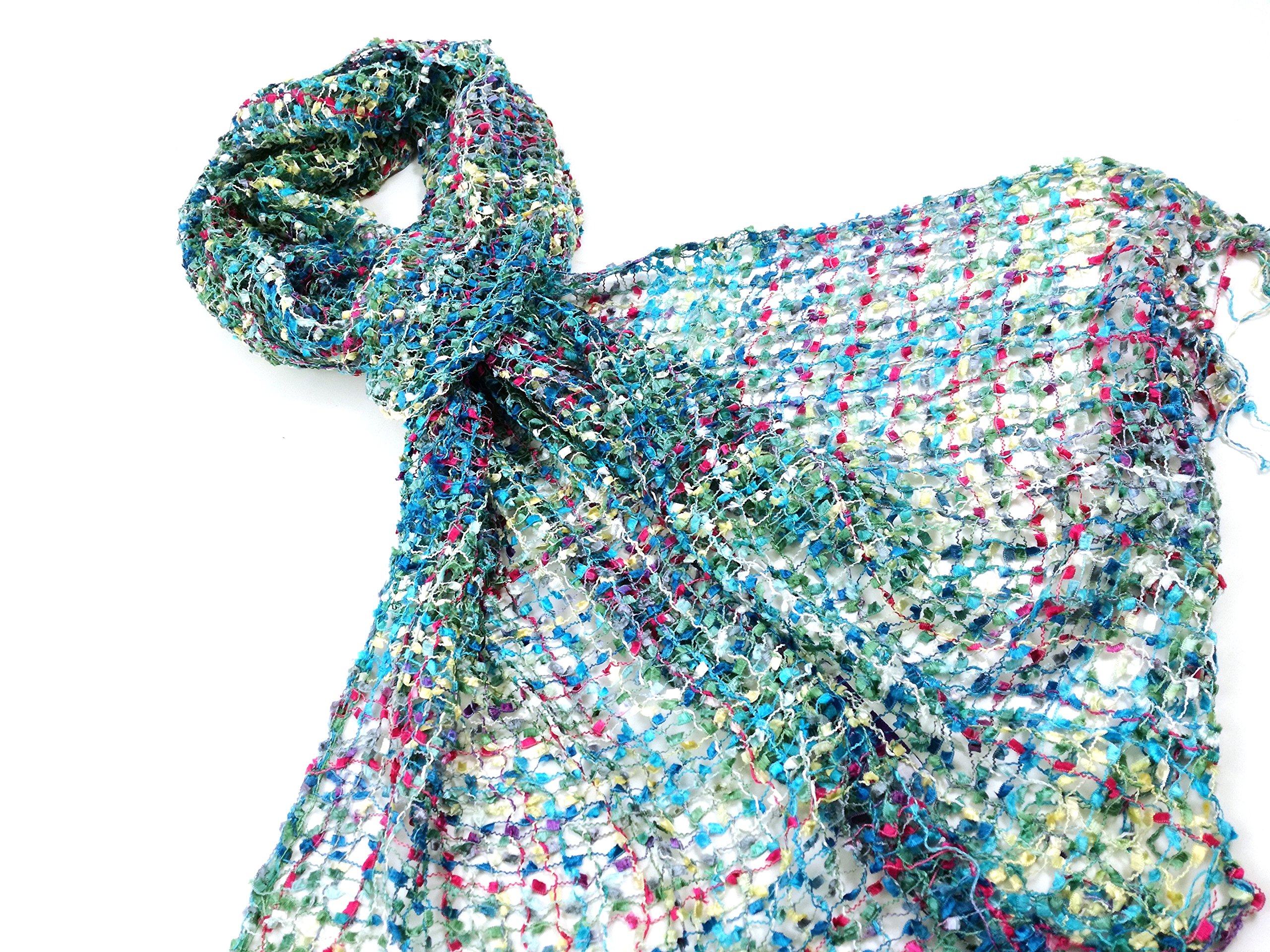 COOL TRADE WINDS - LIGHT AND DELICATE CONFETTI NET WEAVE SCARF: Hand Loomed in India, a pretty scarf that can be worn for any occasion - 193cm x 33cm in size (Sky Blue)