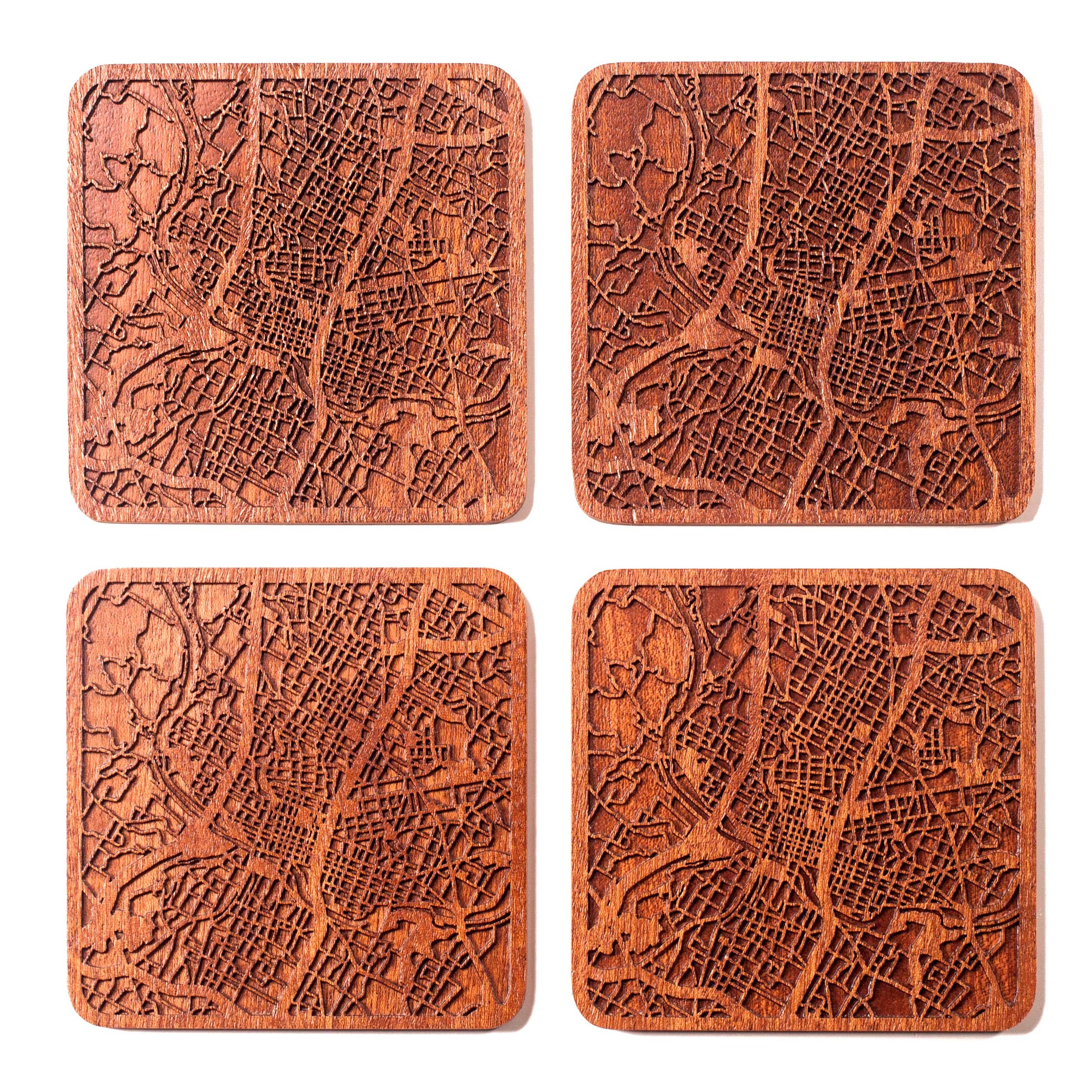 Austin Map Coaster, Set of 4, Sapele Wooden Coaster with City Map, Handmade