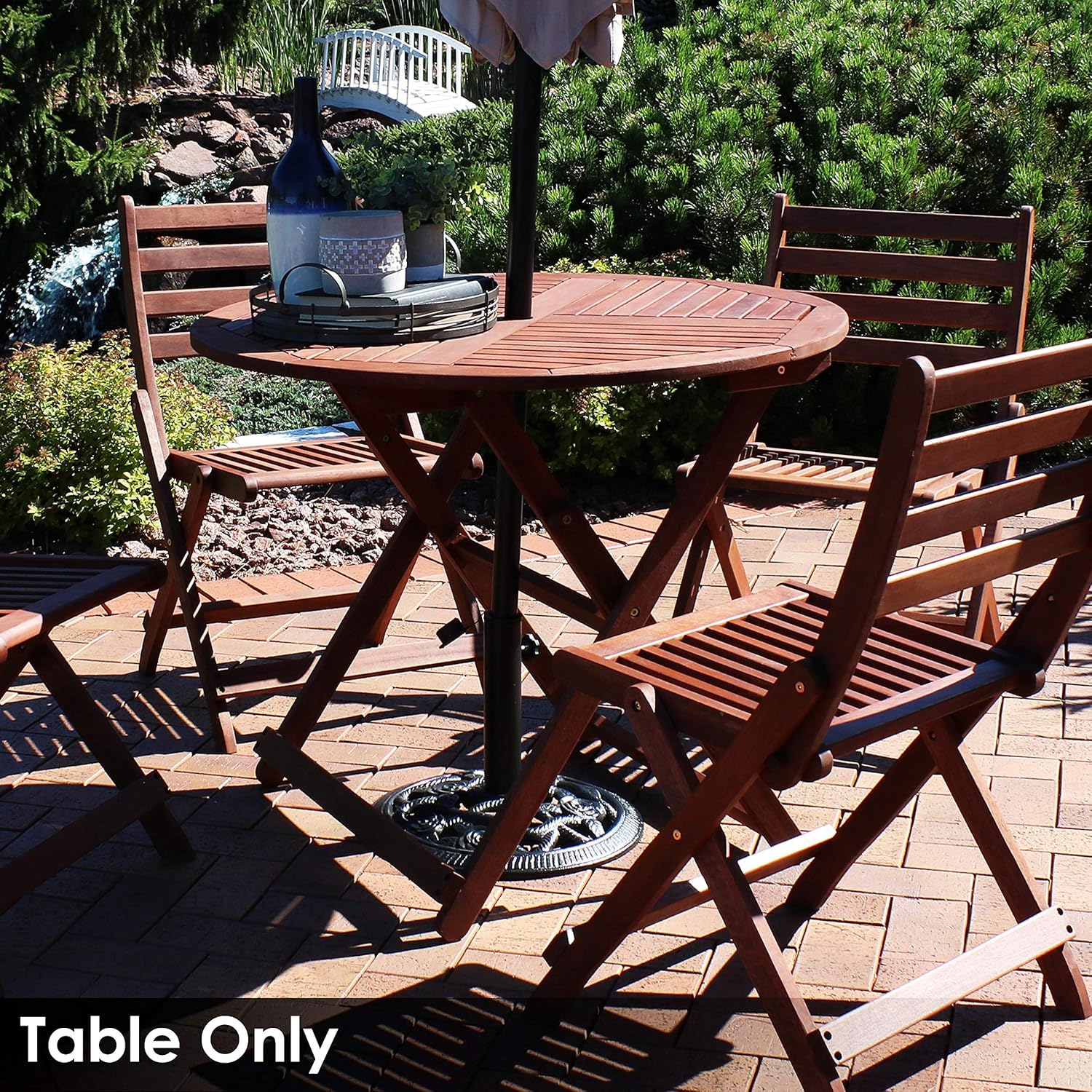 Sunnydaze Meranti Wood Folding 35.5-Inch Round Outdoor Dining Table with Teak Oil Finish - Perfect for Camping and Outdoor Entertaining - Ideal for Backyard, Front Porch, Balcony and Patio : Garden & Outdoor