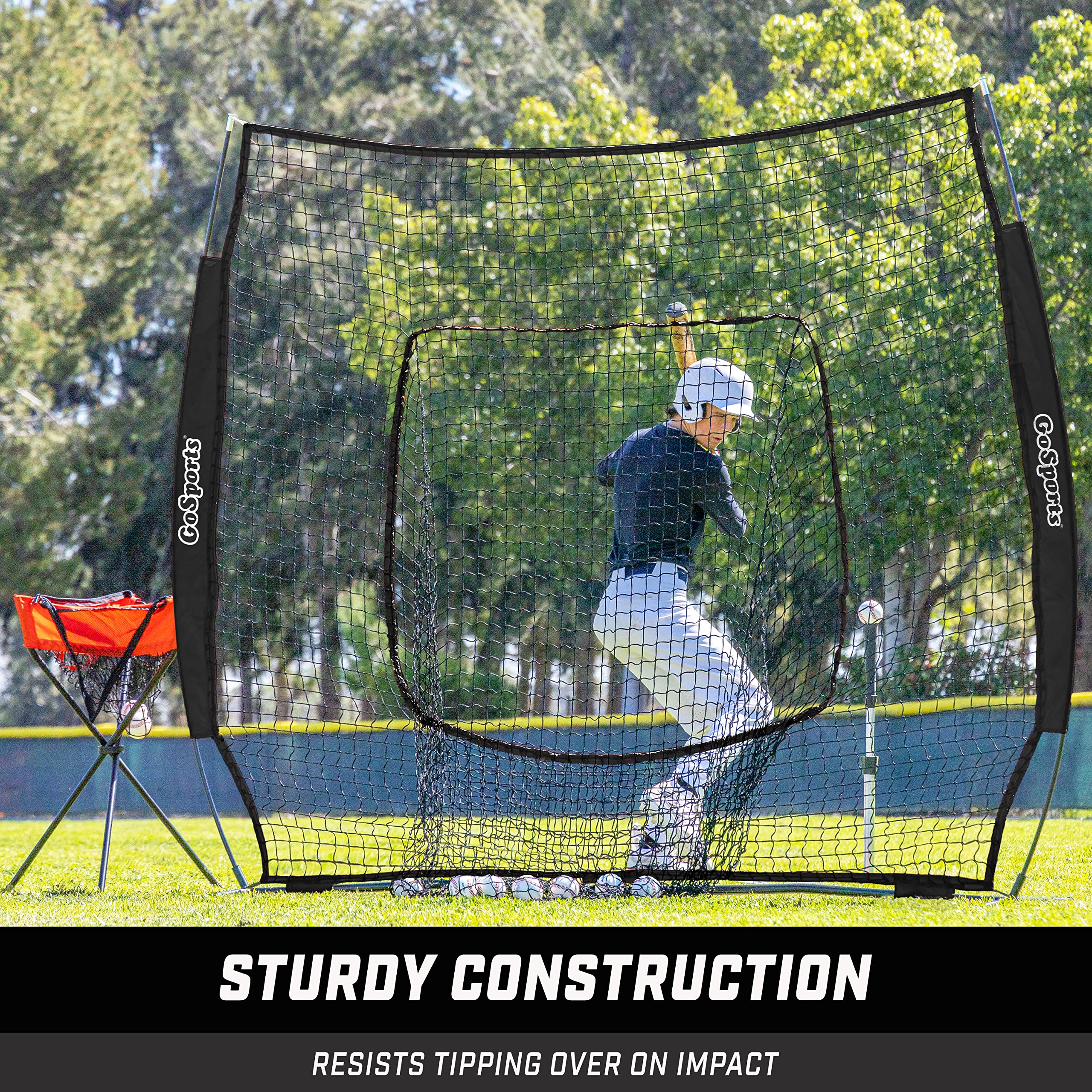 GoSports 7 ft x 7 ft Baseball & Softball Nets - Red, Black, or PRO -Practice Hitting & Pitching Net with Bow Type Frame, Carry Bag and Strike Zone, Great for All Skill Levels