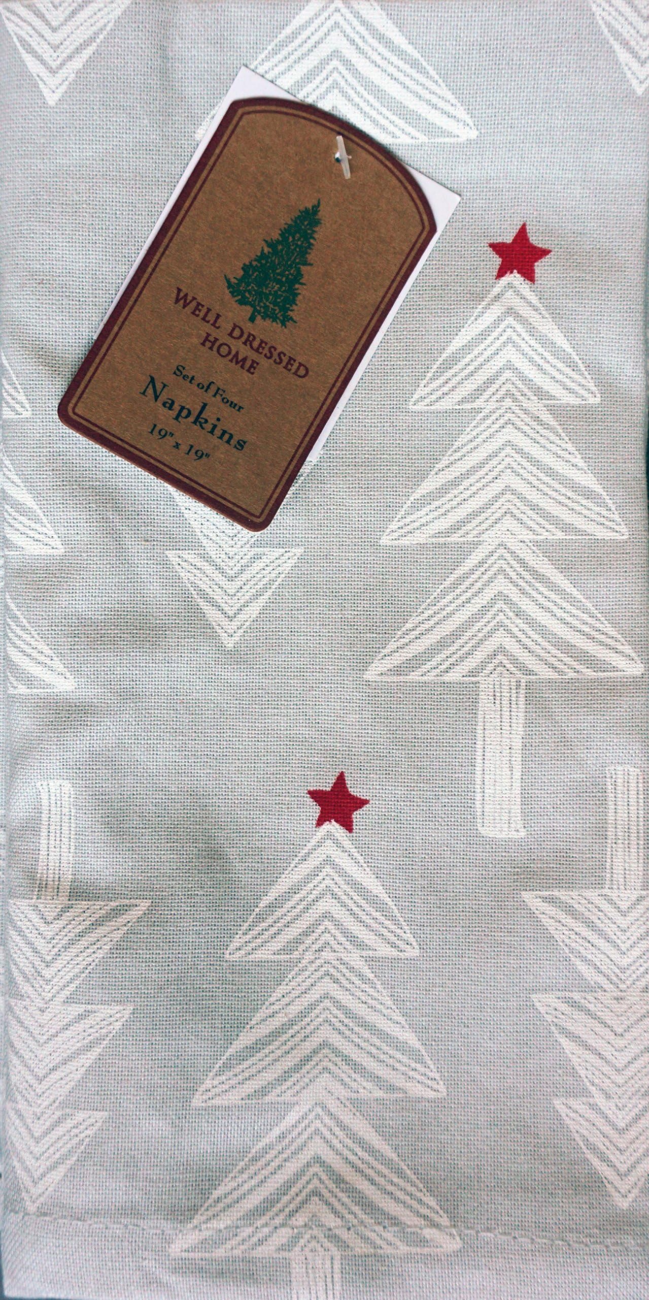 Well Dressed Home Set of 4 Fabric Cotton Napkins White Christmas Trees Red Stars on Light Gray 19 Inches by 19 Inches