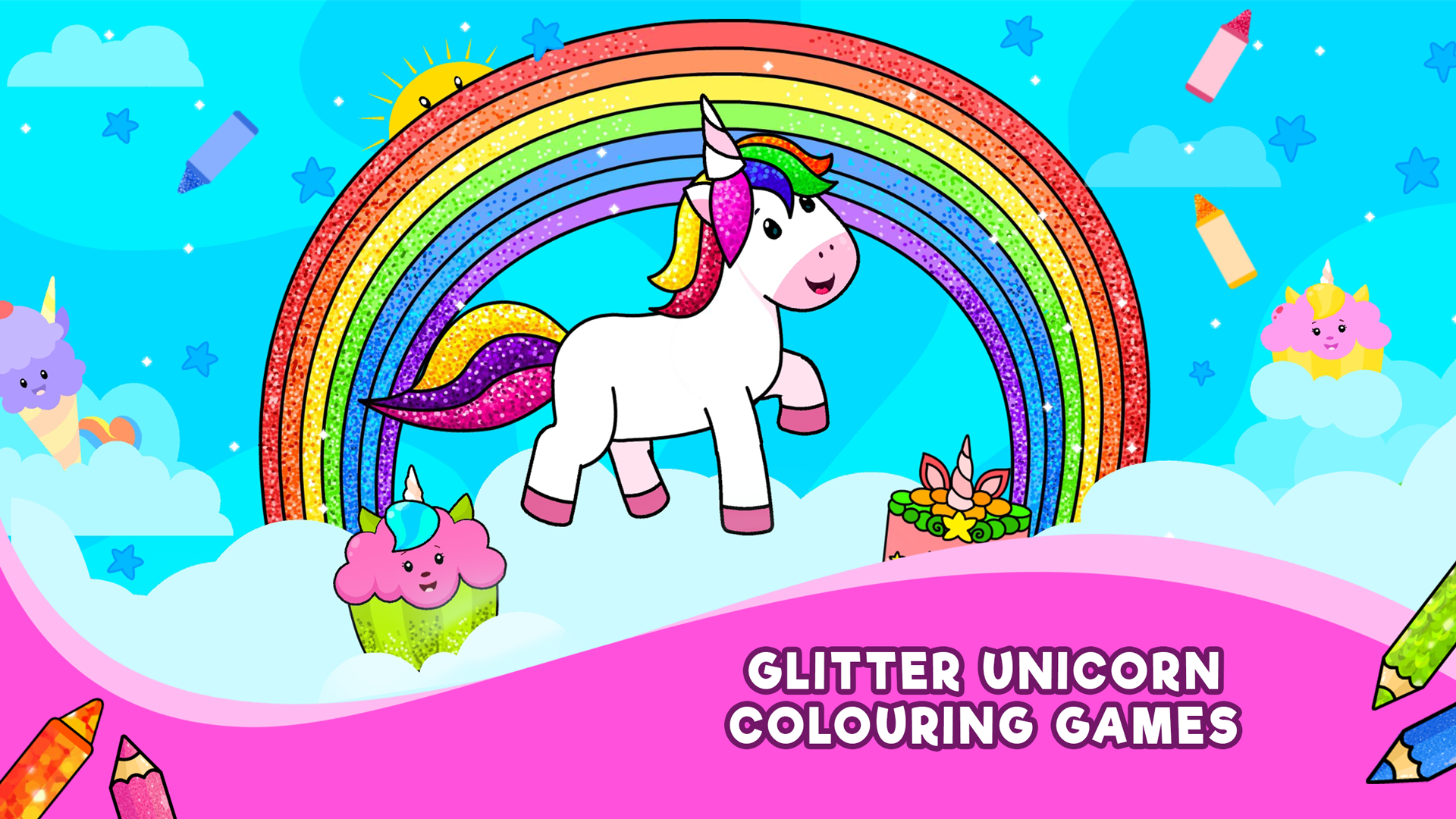 Unicorn Colouring Games for Kids: Rainbow Glitter Colouring Pages ...