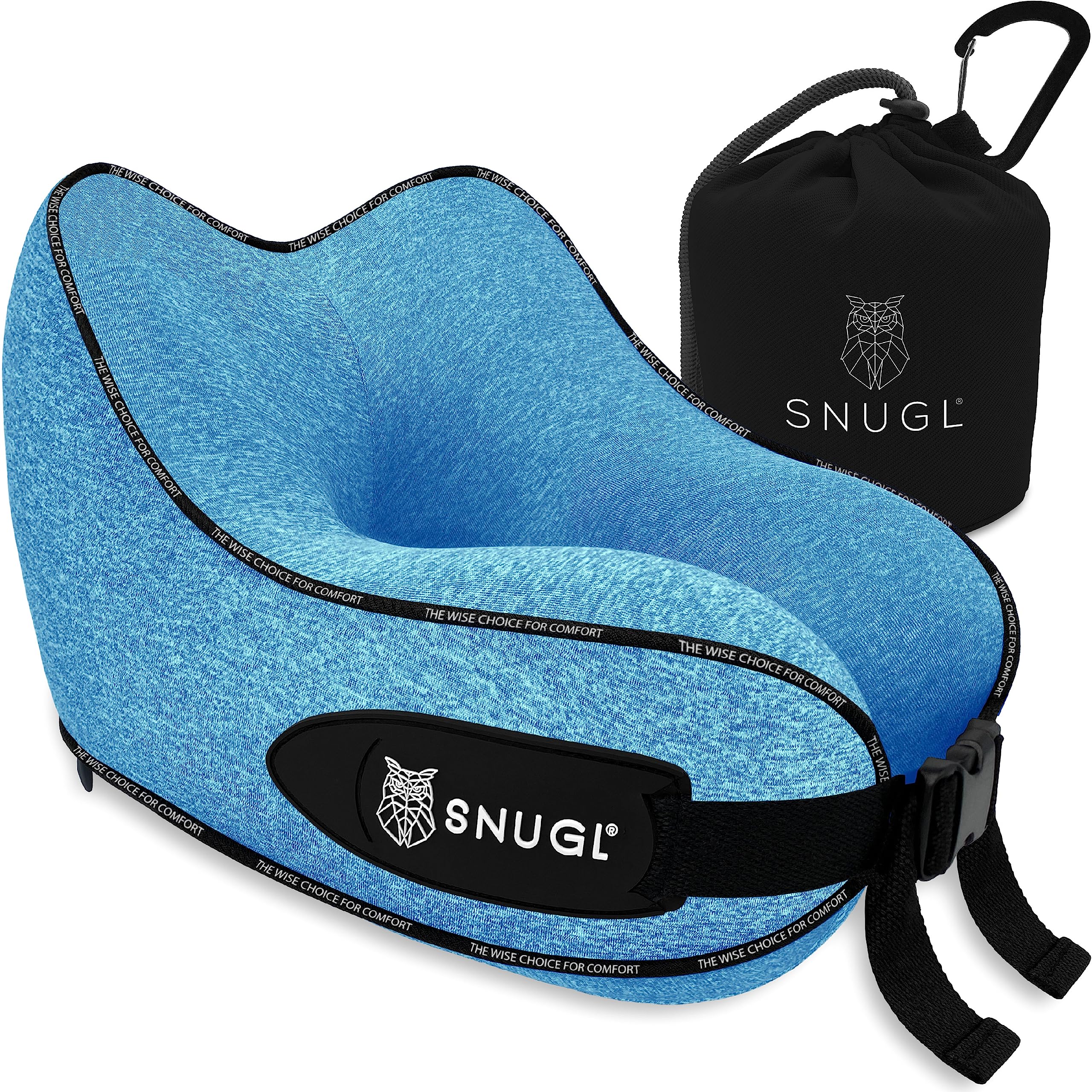 SNUGL Travel Pillow – Memory Foam Neck Pillow for Travel – Support Cushion for Airplane with Carry Bag & Clip - Holiday Essentials for Kids (Coral Blue - Kids)