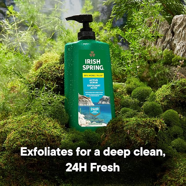 IRISH SPRING ACTIVE SCRUB EXFOLIATING BODY WASH FOR MEN, 24-HOUR FRESH, BIODEGRADABLE INGREDIENTS, PARABEN FREE, COOL FRESH SCENT, 30 FL OZ PUMP BOTTLE