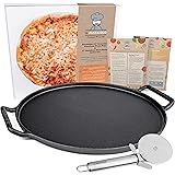 Il Pizzaiolo Ultimate Pizza Stone - 14" Cast Iron Pizza Pan Set - Pre-Seasoned Baking Stone with Easy Grip Handles and 3" Pizza Slice Cutter