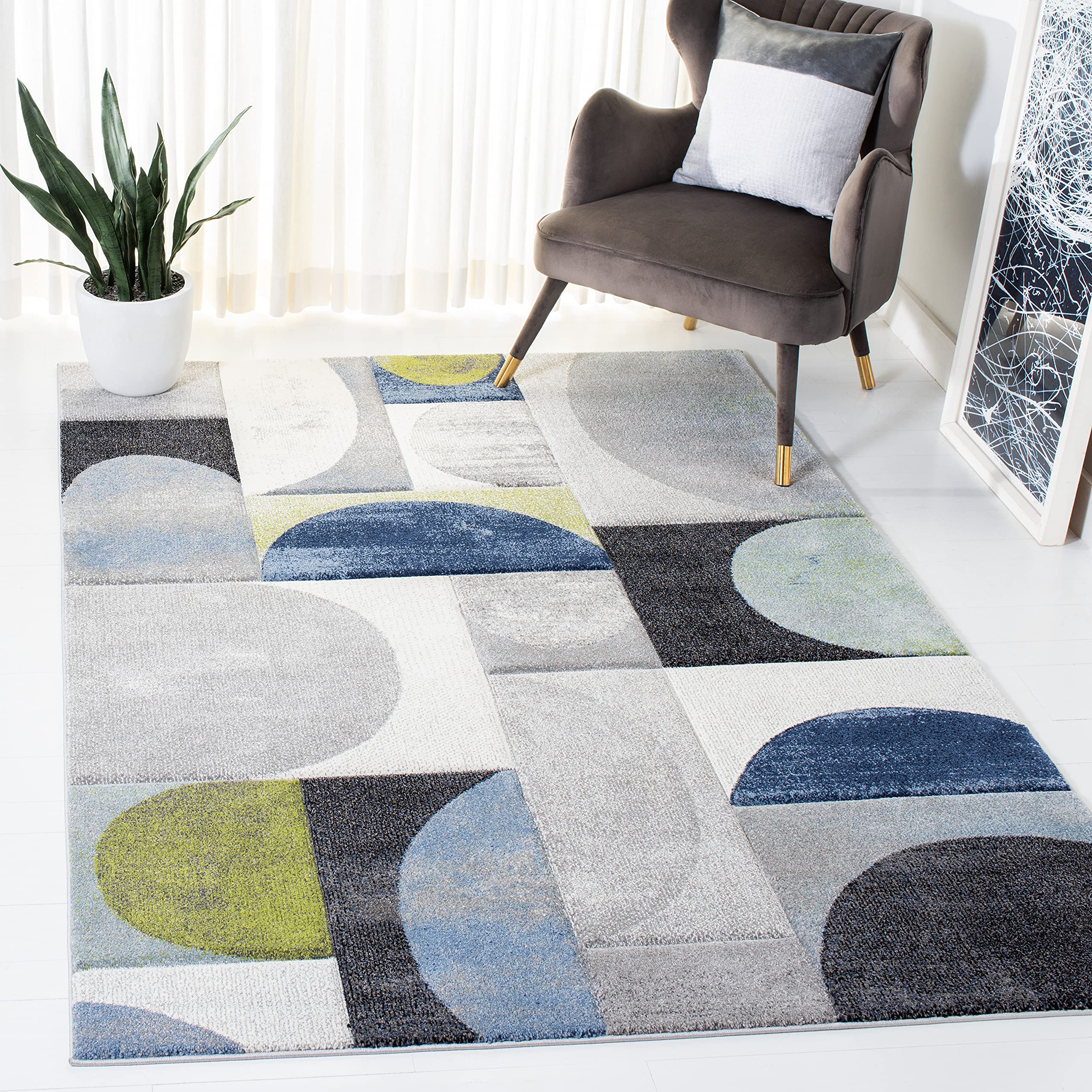 Safavieh Modern Graphic Rug for Living Room, Dining Room, Bedroom - Hollywood Collection, Short Pile, in Grey and Blue, 79 X 152 cm