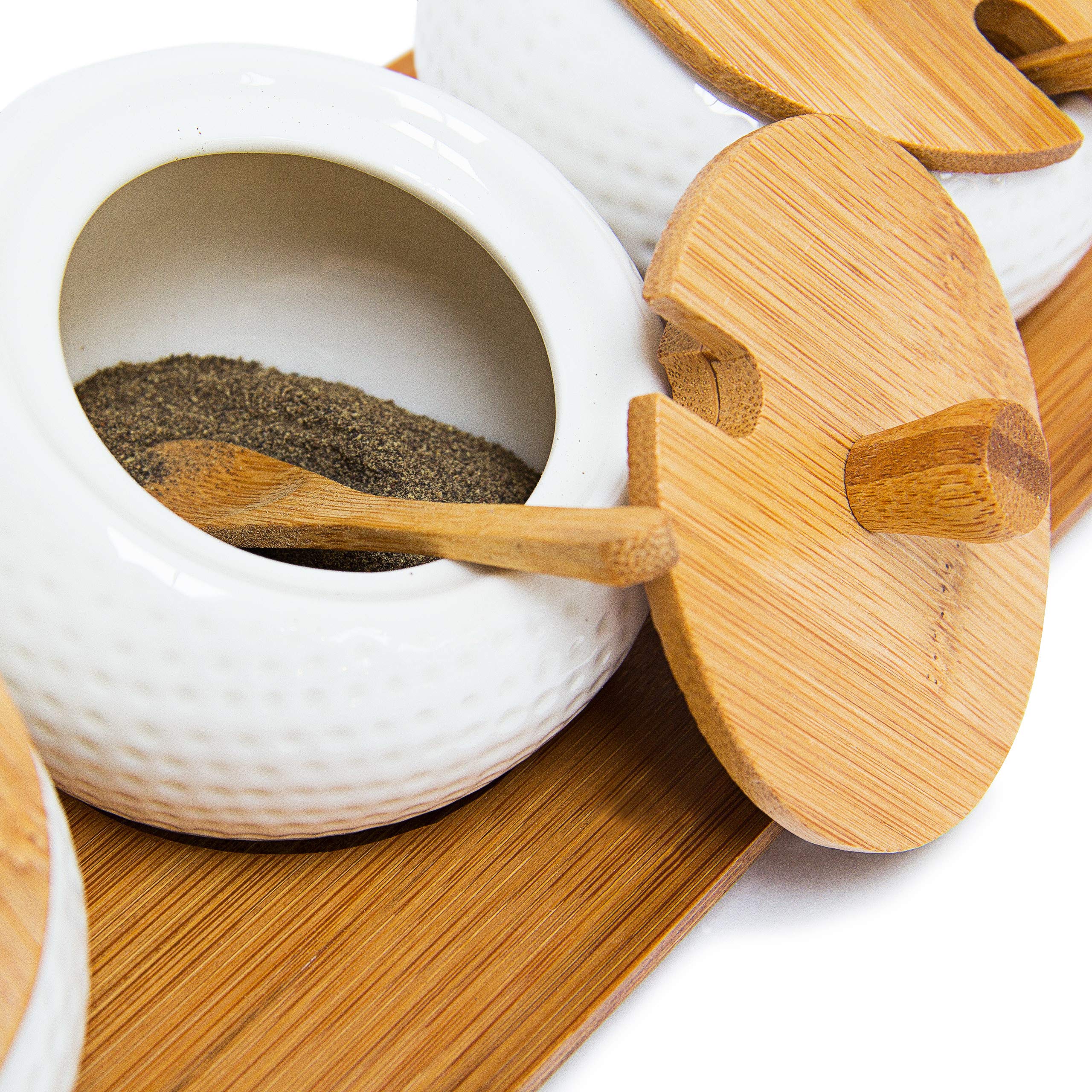 Relaxdays Jiao Jars Made of Ceramics with Bamboo Lid and Holder, Spice  Storage Solution Kitchen Stand Decorative Chinese Style with Matching  Spoons, Natural, Brown and White, 30.5 x 12 x 8.5 cm -