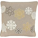 SARO LIFESTYLE Evangelina Collection Embroidered Snowflakes Pillow Cover, 18", Natural
