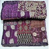 Multicolor Patchwork Quilt Vintage Indian Reversible Quilted Throw Blanket Super Soft and Warm Living Room Decorative for Sofa and Couch 60X67 inches (Purple)