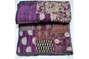 SAMBHAV QUILT HUB Embroidery Handmade Vintage Silk Sari Jari Patchwork Khambhadiya Kantha Quilting Kantha Quilt Reversible Bed Cover Assoted Kantha Quilt Throw Blanket/Twin/Queen/King (Purple, 90X108 inches)