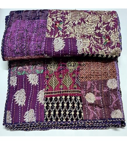 Maroon - Sari Jari En Soie Vintage Fait à La Main - Patchwork Khambhadiya Kantha - Dessus De Lit, Couverture Lit Réversible - Pour Lit Double/Queen/King Size (274 X 274 Cm