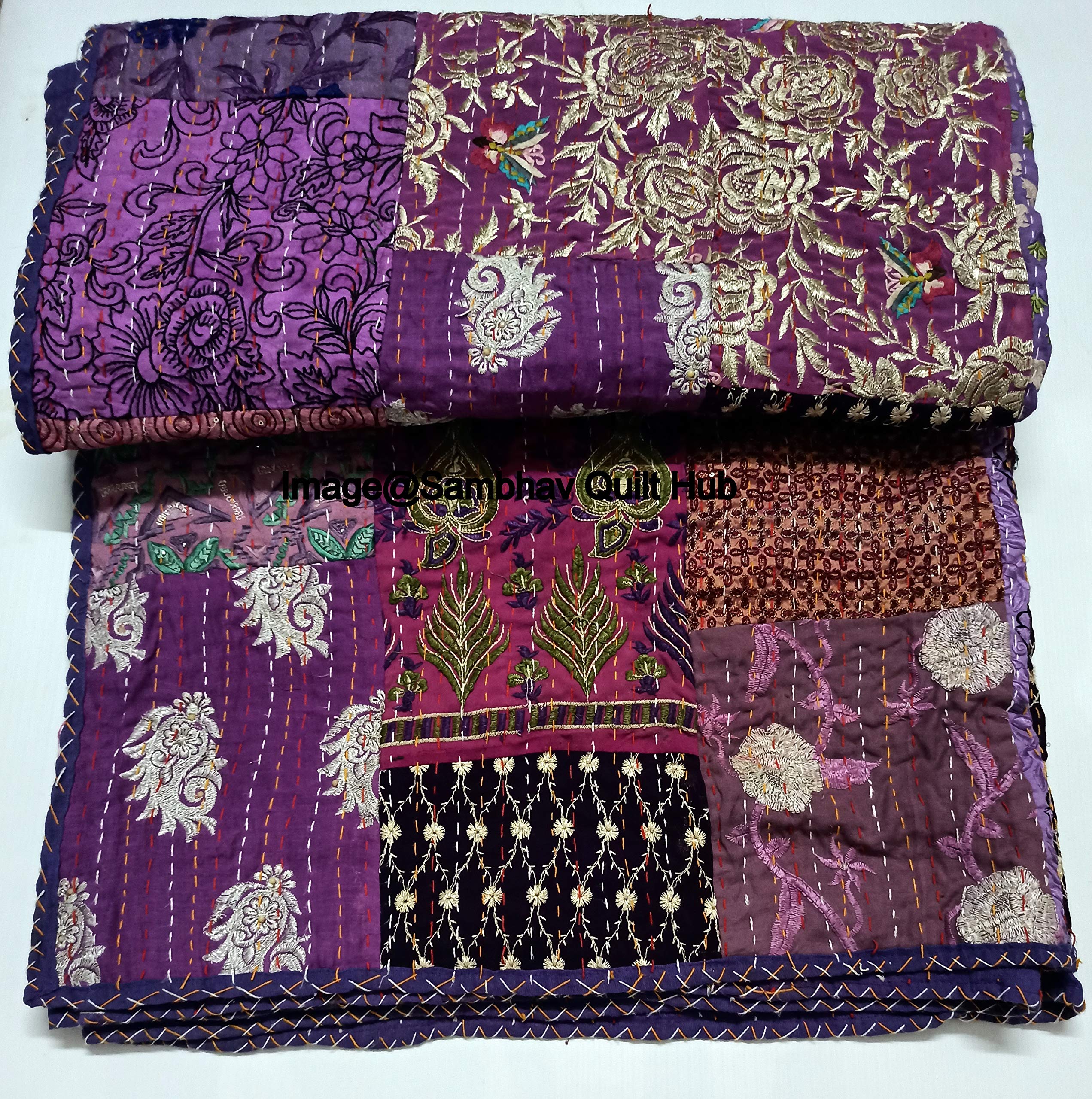 Photo 1 of Embrodiery Beautiful Handmade Vintage Silk Sari Jari Patchwork Khambhadiya Kantha Quilting Kantha Quilt Reversible Bed Cover Assoted Kantha Quilt Throw Blanket/Twin/Queen/King (Purple, 60X90 inches)