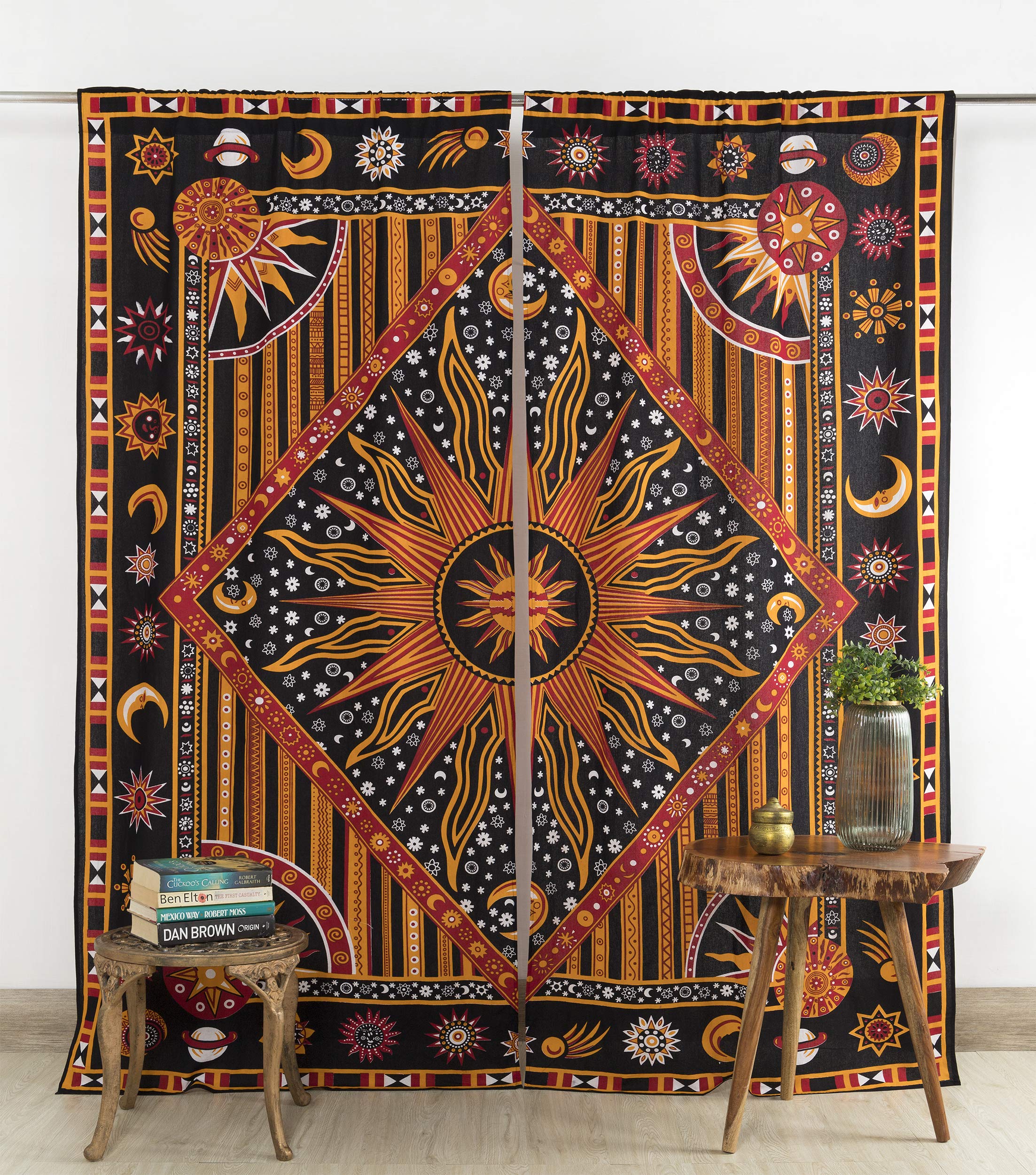 Popular Handicrafts Indian Burning Sun Hippie Mandala Window Curtains - Gypsy Bohemian Sun Moon Beautiful Drapery Bedroom Living Room Balcony Valance Panels Golden