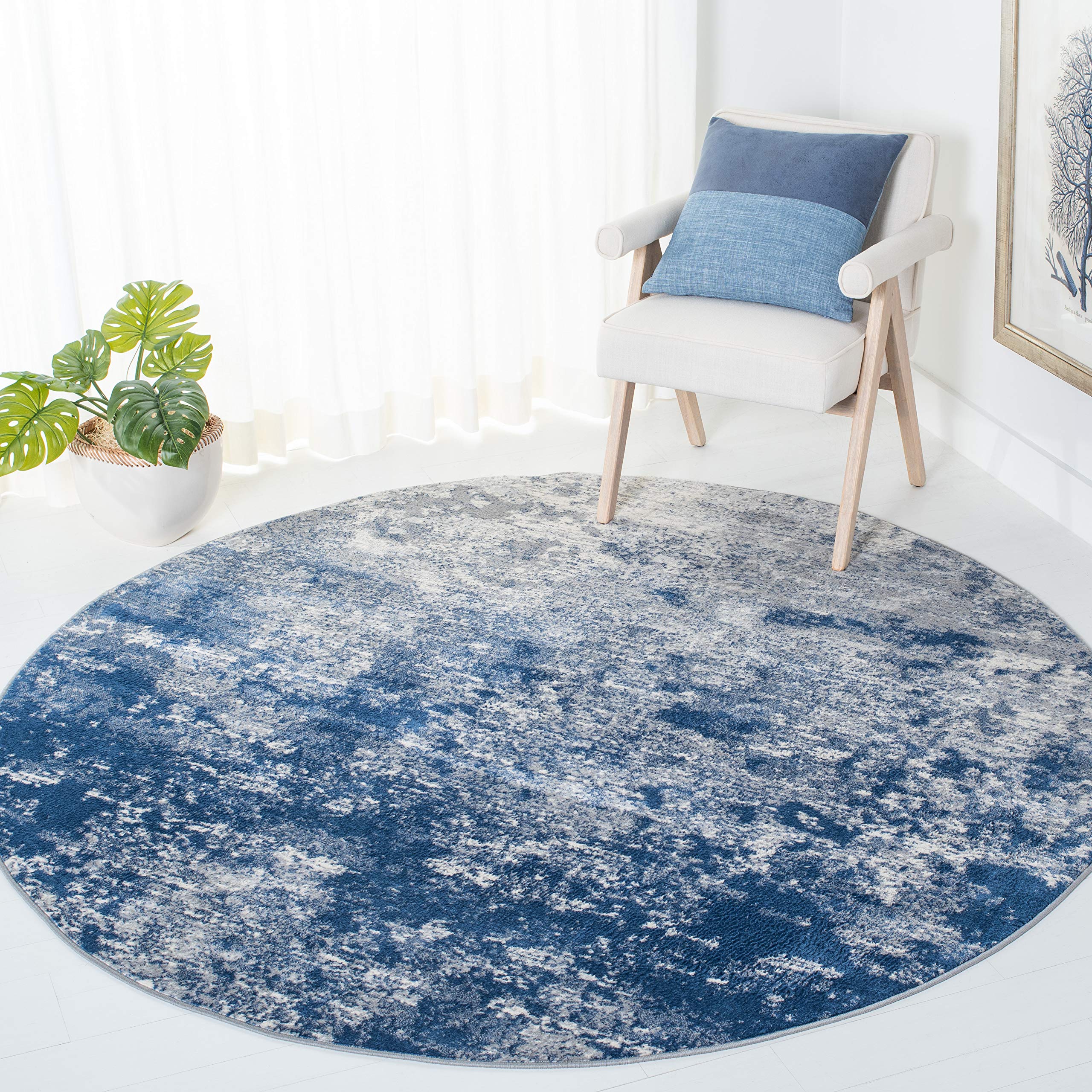 SAFAVIEH Brentwood Collection Area Rug - 9' Round, Grey & Navy, Modern Abstract Design, Non-Shedding & Easy Care, Ideal for High Traffic Areas in Living Room, Bedroom (BNT822G) Image