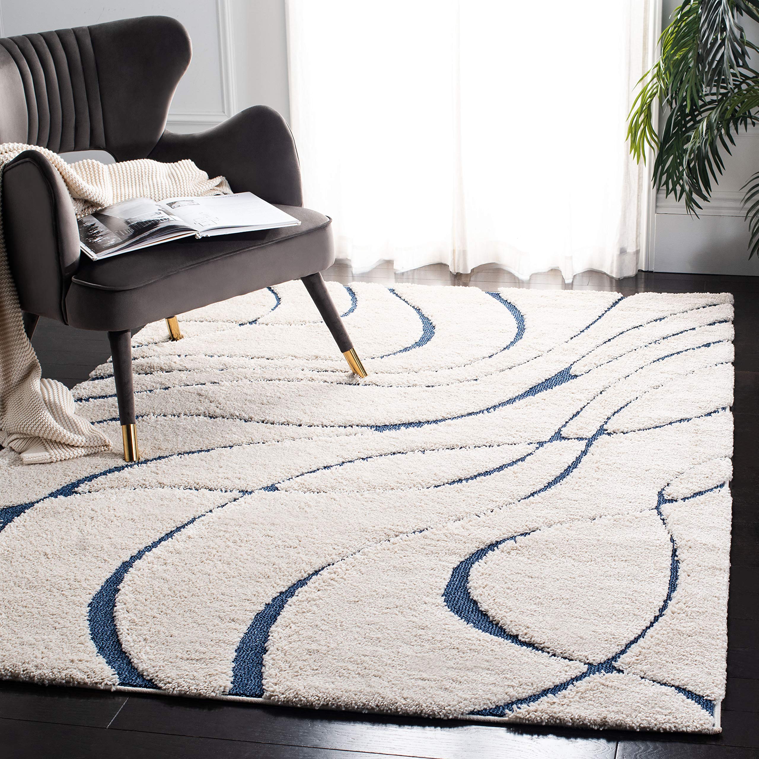 SAFAVIEH Florida Shag Collection Area Rug - 9' Square, Cream & Blue, Non-Shedding & Easy Care, 1.2-inch Thick Ideal for High Traffic Areas in Living Room, Bedroom (SG471-1165) Image