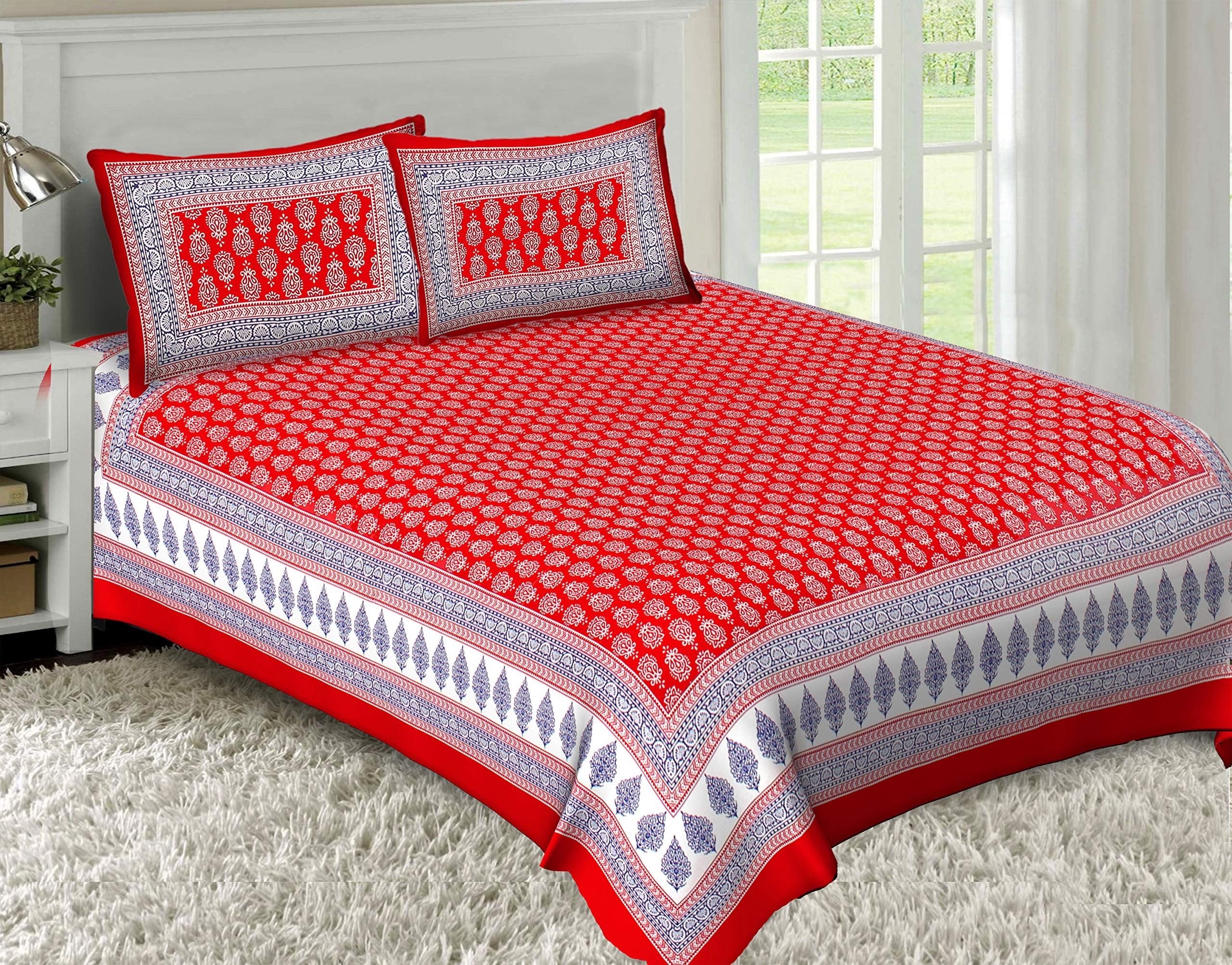 TIGER EXPORTS 144 TC Cotton Japuri Printed Double Bed Bedsheets with 2 Pillow Covers (Red_Queen)