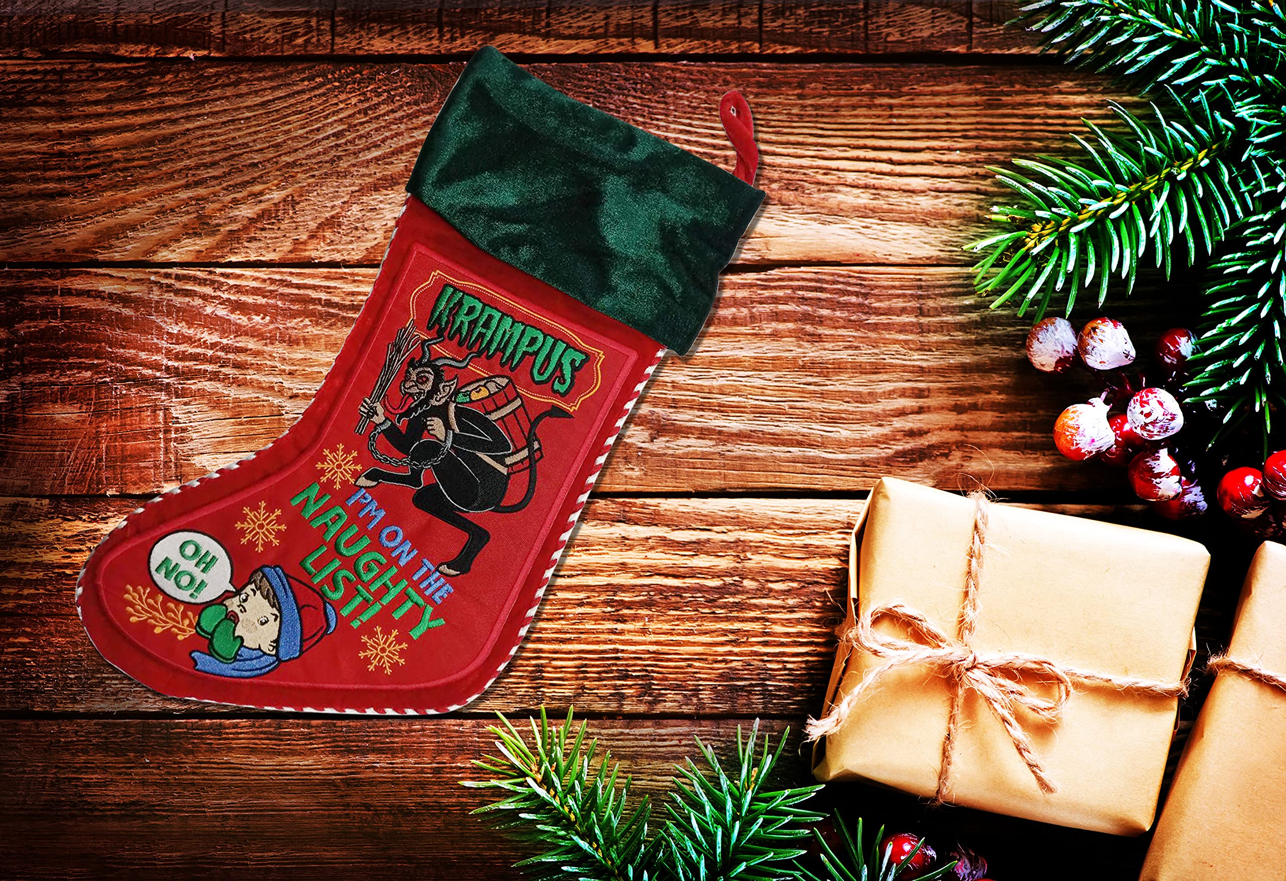 Luxury Unusual Retro Cool Krampus or Santa Velvet red Christmas Nutcracker Stocking Full Embroidered Good or Bad (Krampus, Unisex)