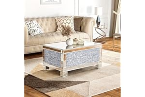 KOHROS Luxurious Mirrored Coffee Table for Living Room Bedroom,Silver Glass Coffee Table,Modern Crushed Diamond Coffee Table,Mesa De Centro para Sala,W35.4*D23.6*H17.7