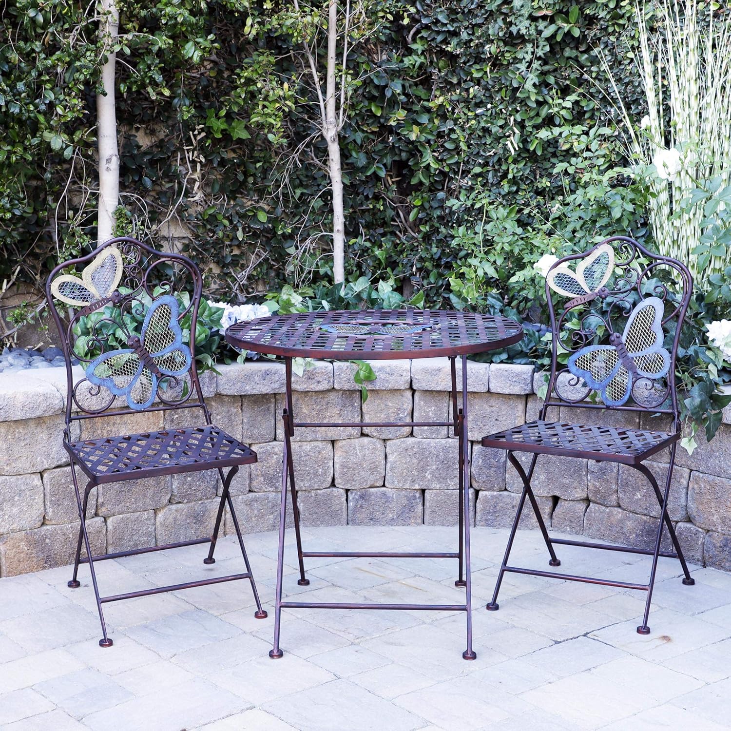 Alpine Corporation Indoor/Outdoor Butterfly Design 3-Piece Bistro Set Folding Table and Chairs Patio Seating, Multi (BVK574A): Garden & Outdoor