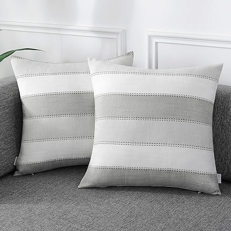 Amazon Com Amhoo Pack Of 2 Farmhouse Stripe Check Throw Pillow Covers Set Case Cotton Linen Decorative Pillowcases Cushion Cover For Couch Bench Sofa 18x18inch Light Grey Beige Home Kitchen