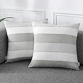 AmHoo Pack of 2 Farmhouse Stripe Check Throw Pillow Covers Set Case Cotton Linen Decorative Pillowcases Cushion Cover for Couch Bench Sofa 20x20Inch Light Grey Beige