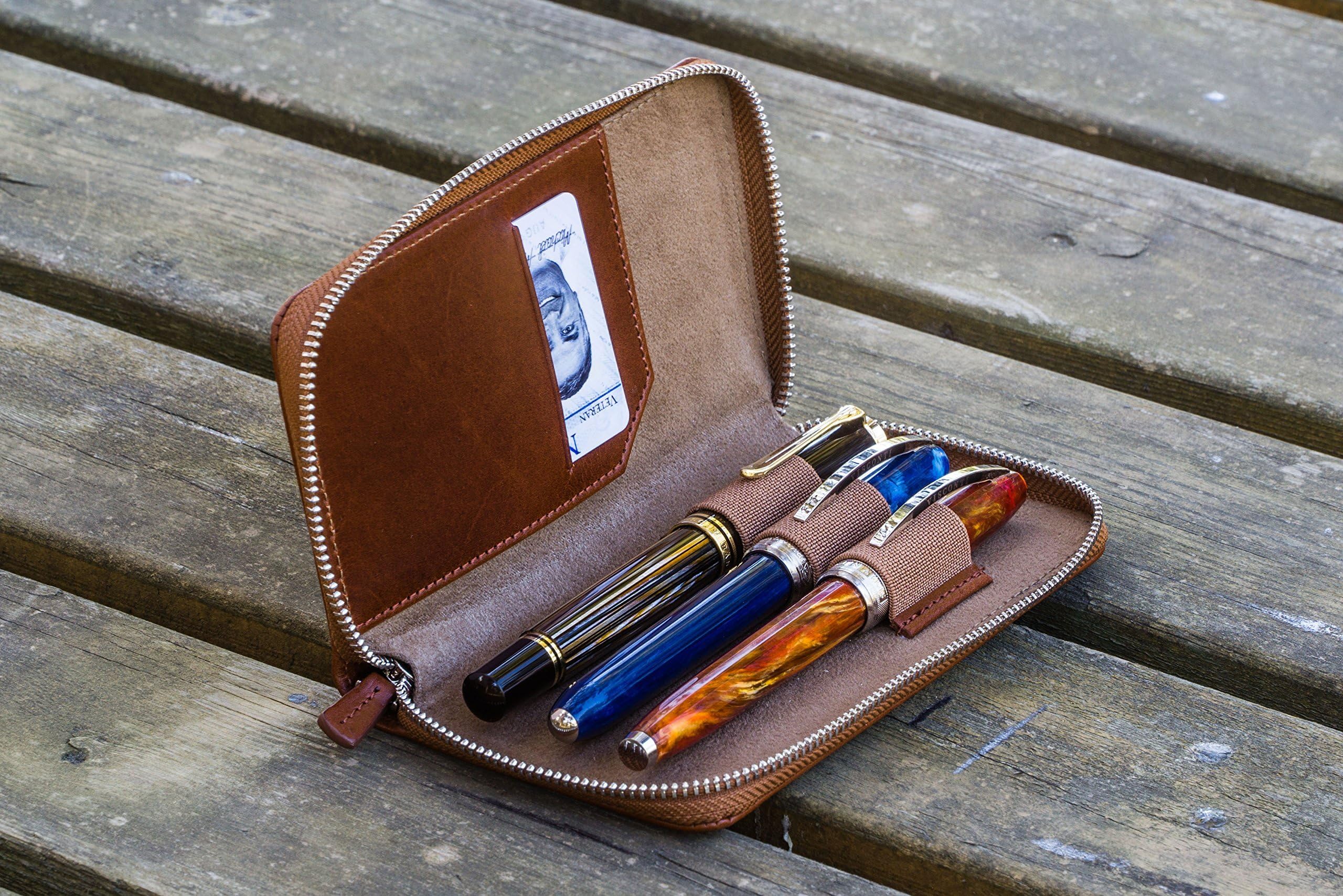 Leather Zippered 3 Slots Pen Case - Chocolate Brown