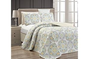 FANCY LINEN Fancy Collection 3 Pc Bedspread Bed Cover Over Size New (Full/Queen, Yellow Medallion)