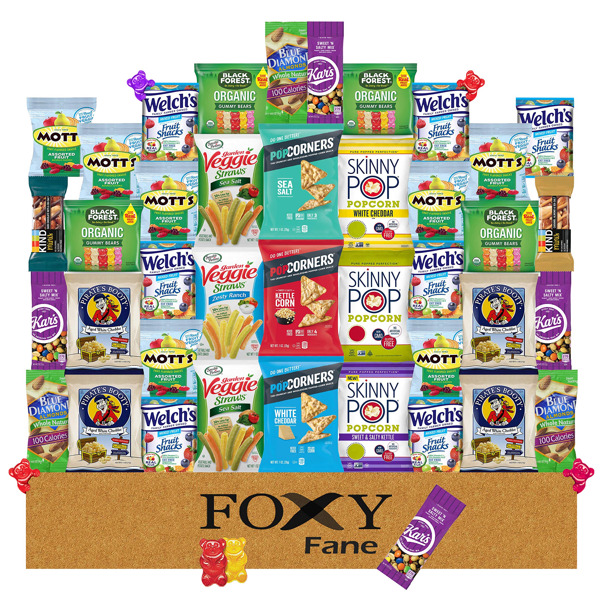Foxy Fane 40 count Premium Gluten-Free Healthy Snack Box - Ultimate Gift Care Package with Variety of Chips, Nuts, Bars, Popcorn & more - Bulk Bundle of Gluten Free Delicious Treats (40 Snacks)