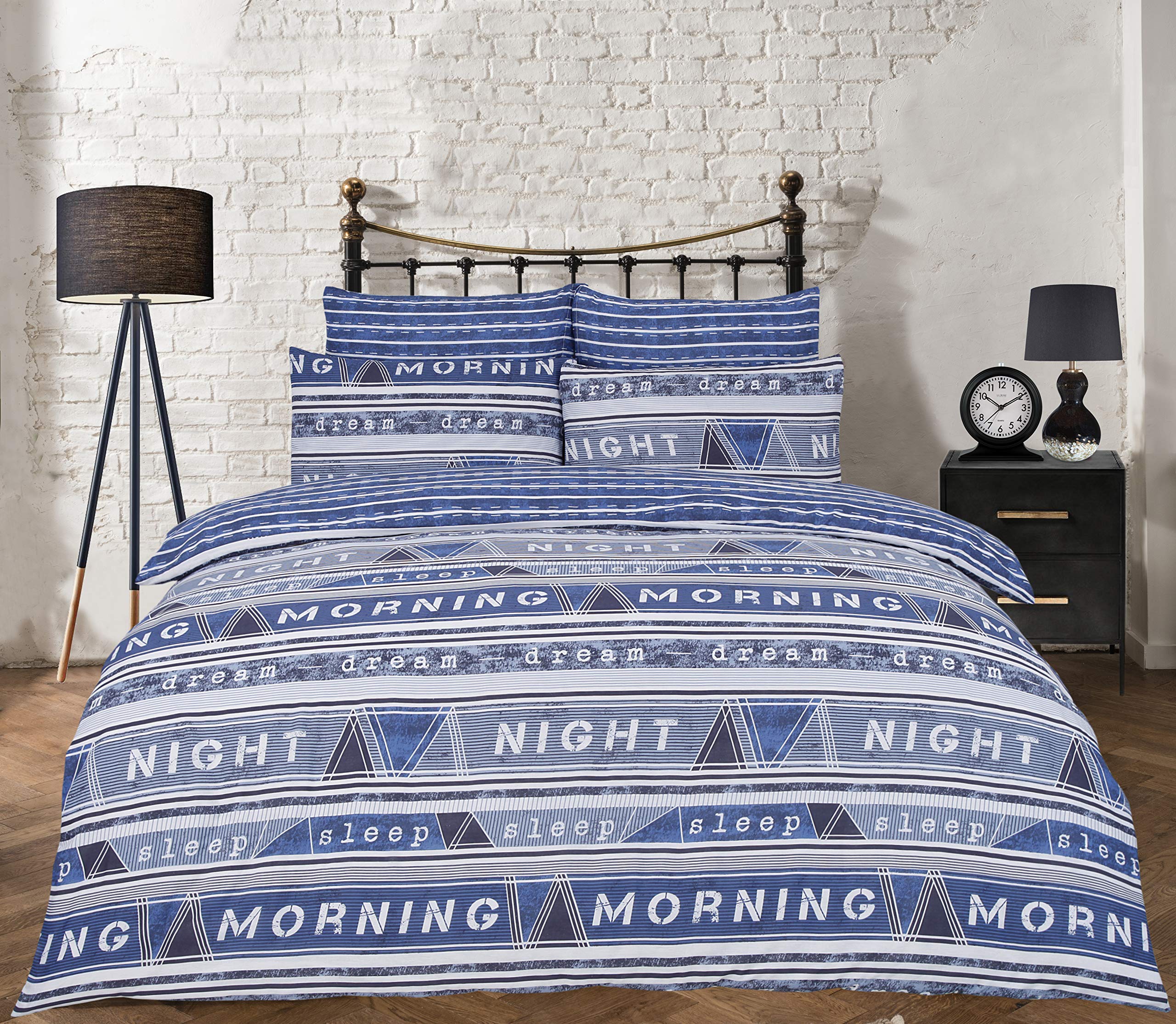 Sleepdown Duvet Cover Set - Geo Text Blue King with Pillowcases - Cosy and Stylish Bedding with Reversible Stripes