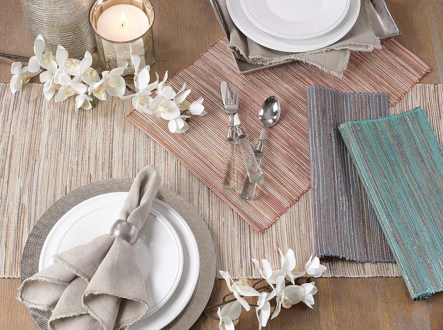 SARO LIFESTYLE Melaya Collection Shimmering Woven Nubby Table Placemats (Set of 4), 14" x 20", Turquoise: Kitchen & Dining