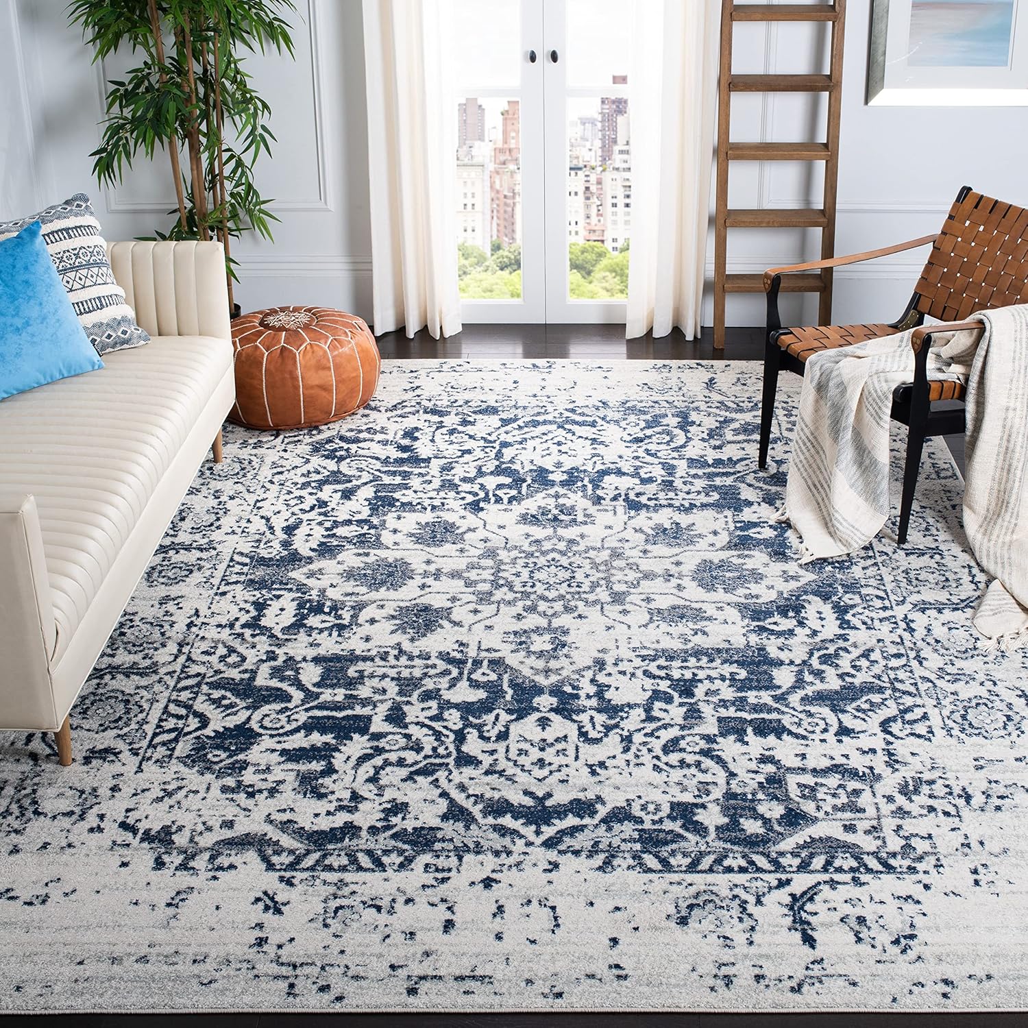 Rugs, Pads & Protectors - SAFAVIEH Madison Collection Area Rug - 8' x 10', Cream & Navy, Snowflake Medallion Distressed Design, Non-Shedding & Easy Care, Ideal for High Traffic Areas in Living Room, Bedroom (MAD603D)