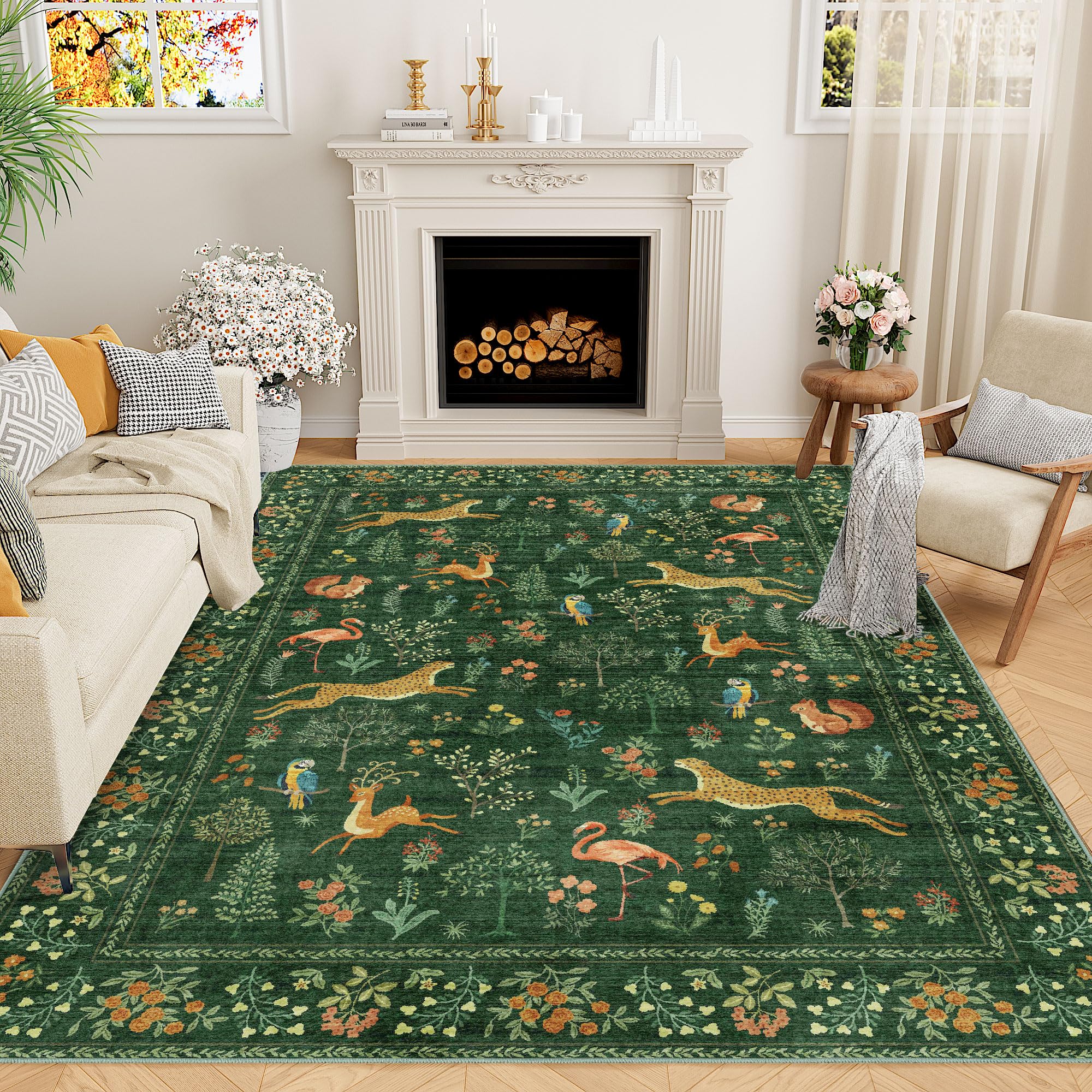DUKINO 6x9 Rug, Washable Animal Living Room Rug with Non Slip Vintage Design, Soft Low Pile Large Carpet for Bedroom, Nursery, Dining Room, Farmhouse, Playroom, Green Image