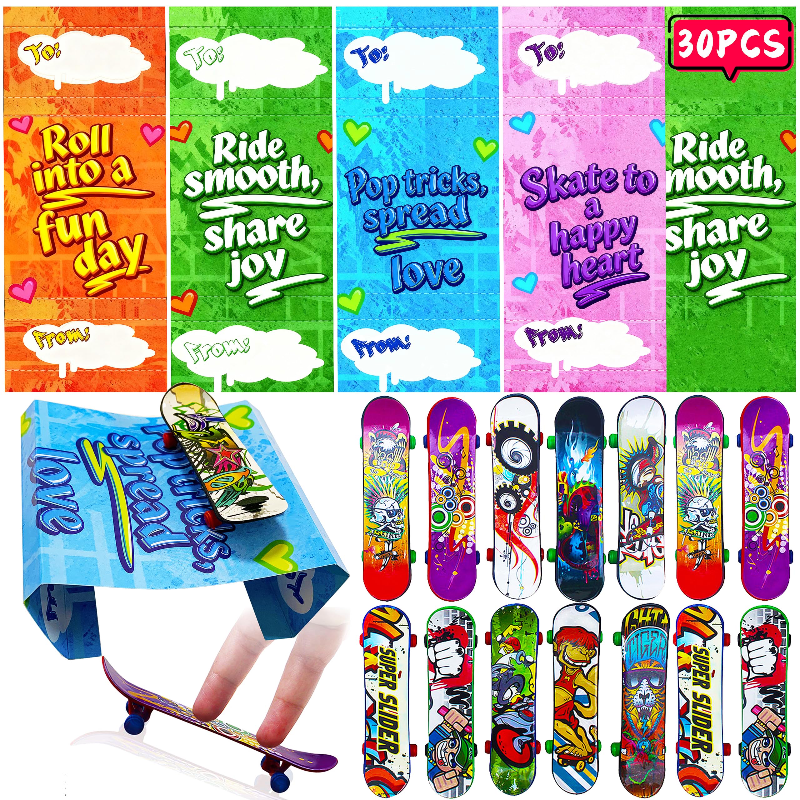 Photo 1 of 30 Packs Finger Skateboards Valentines Day Cards for Kids School Classroom Valentine Exchange Gifts for Toddler Boys Girls Mini Finger Skateboard Toys Valentine’s Party Favor Supplies Valentine Gifts