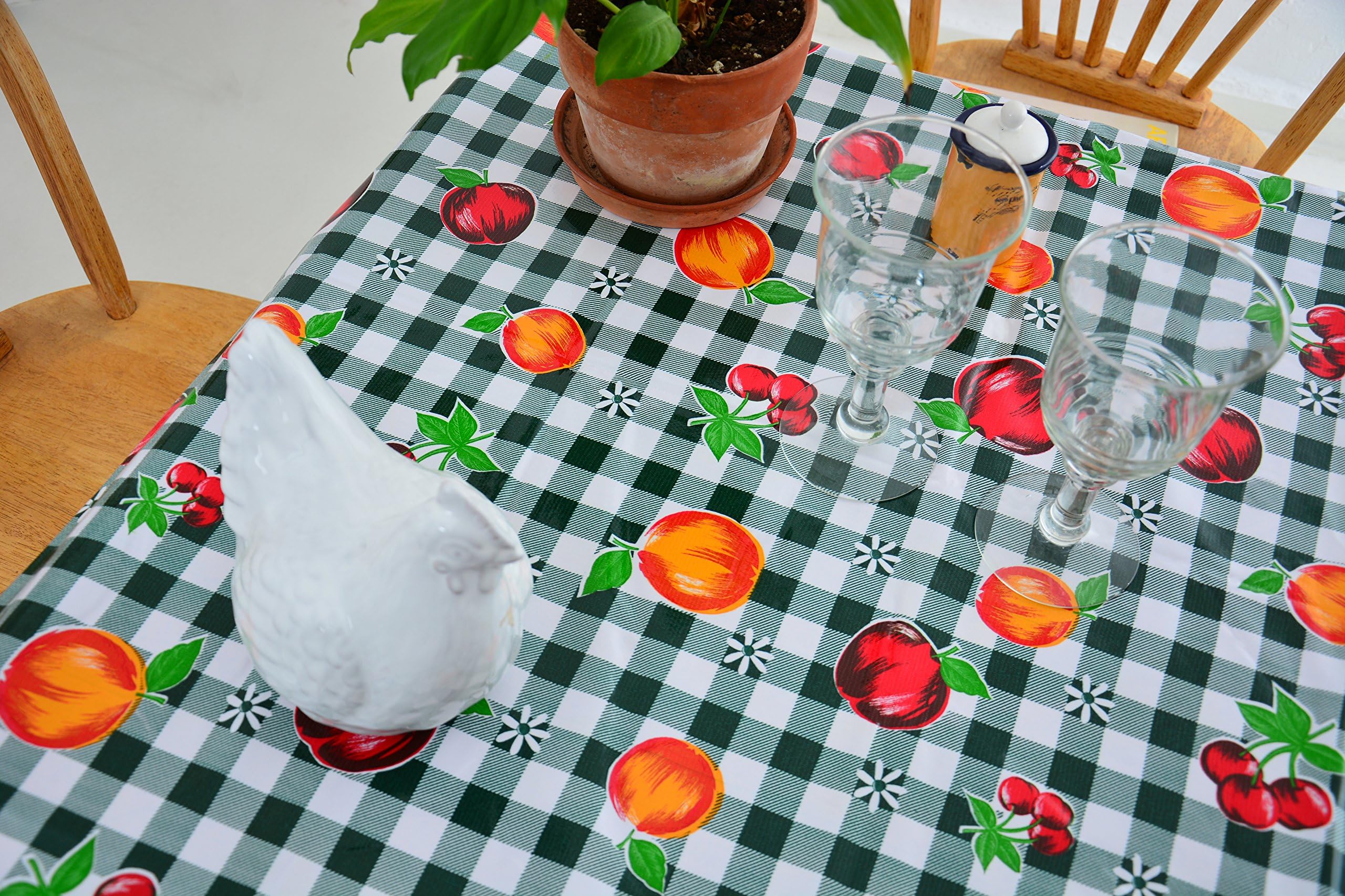 Gingham and Fruits Oilcloth Tablecloth for Patios, Picnic and Kitchen Tables - Green and White - Plastic Vinyl PVC - Mantel de Plastico (55W X 70L Oval)