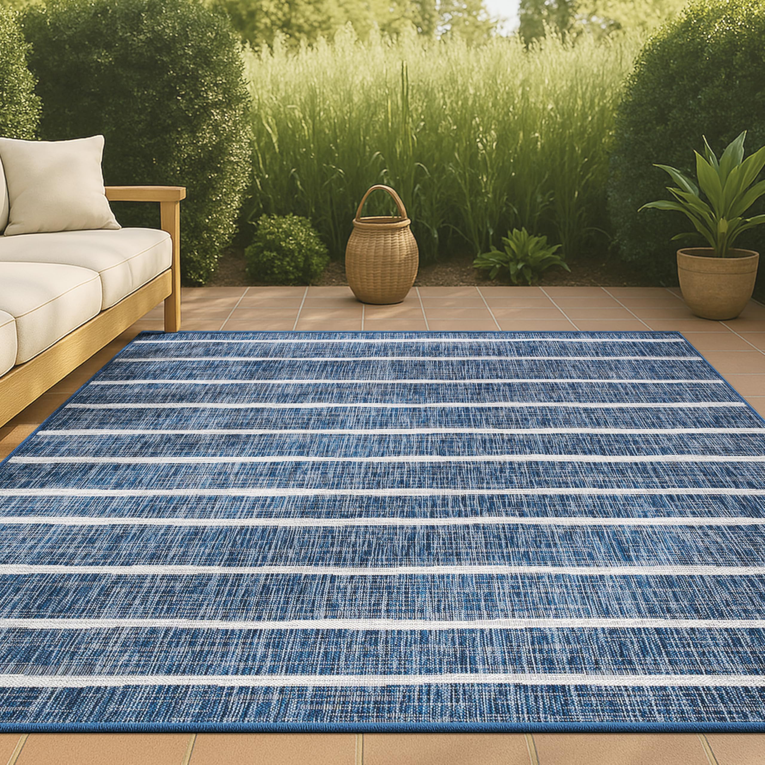 Photo 1 of JONATHAN Y SMB125C-8 Colonia Berber Stripe Indoor Outdoor Area Rug Bohemian Contemporary Easy Cleaning Bedroom Kitchen Backyard Patio Non Shedding, 8 X 10, Blue/Ivory