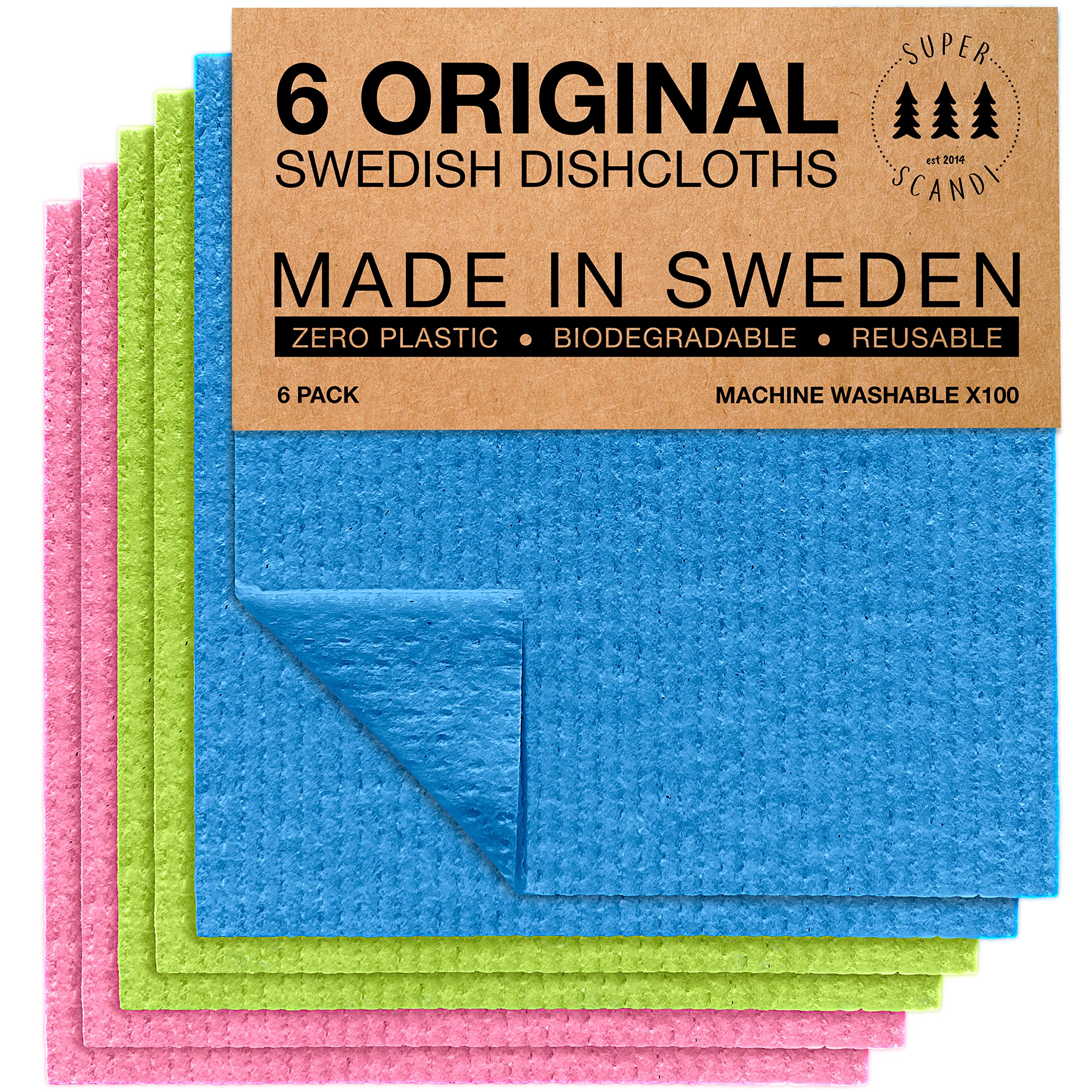 SUPERSCANDI 6 Pack Reusable Cleaning Cloths - 100% Biodegradable & Compostable | Washable Swedish Dishcloth - Food-Safe & Plastic-Free | Kitchen Cloth Suitable for Any Surface, Pink Green Blue