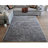 8x10 Feet Silver Light Gray Light Grey Color Solid Plush Pile Shag Shaggy Fuzzy Furry Modern Contemporary Decorative Designer Area Rug Carpet Rug for Indoor Bedroom Living Room Office Space