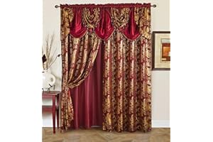GLORY RUGS Jacquard Luxury Window 1 Panel Set Burgundy Curtain with Attached Valance and Backing Bedroom Living Room Dining Curtains 110x84 inches Each Jana
