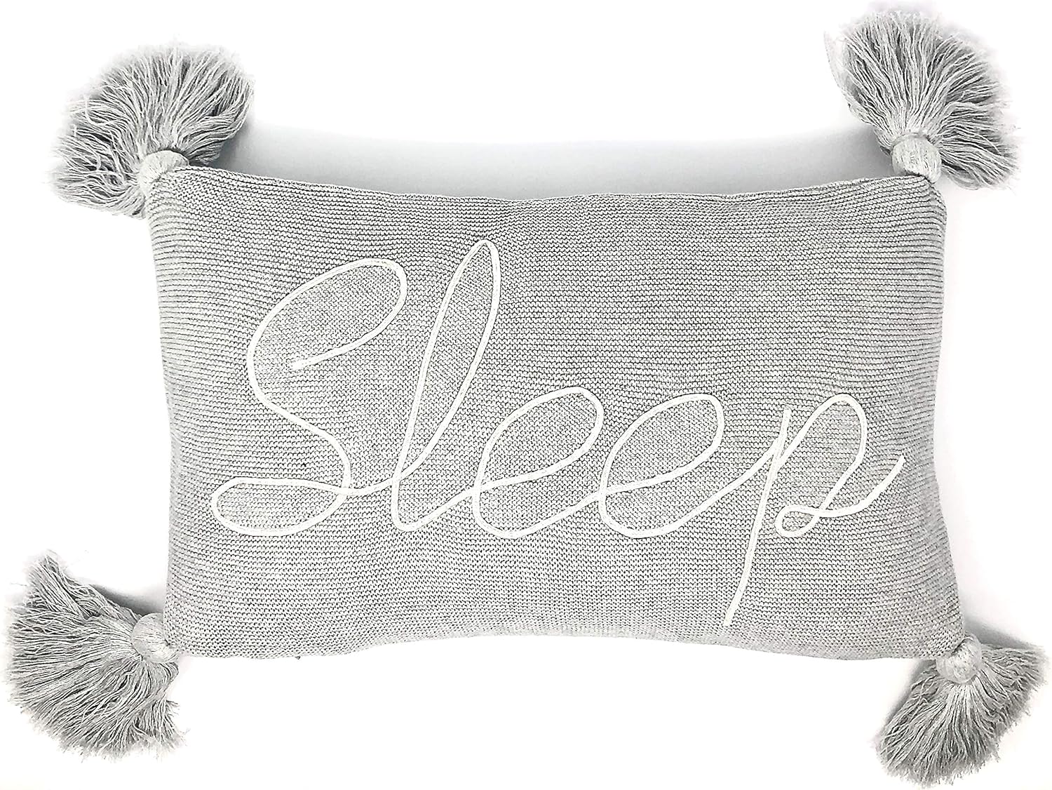 Linen Perch Decorative Throw Pillow for Bed - Dorm Room Décor - Embroidered Sleep Pillow - Insert Included -100% Cotton Knit - Pillow with Tassels - Teen Girls Bedroom - Guest Room (Grey) 16