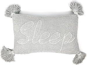 Linen Perch Decorative Throw Pillow for Bed - Dorm Room Décor - Embroidered Sleep Pillow - Insert Included -100% Cotton Knit - Pillow with Tassels - Teen Girls Bedroom - Guest Room (Grey) 16