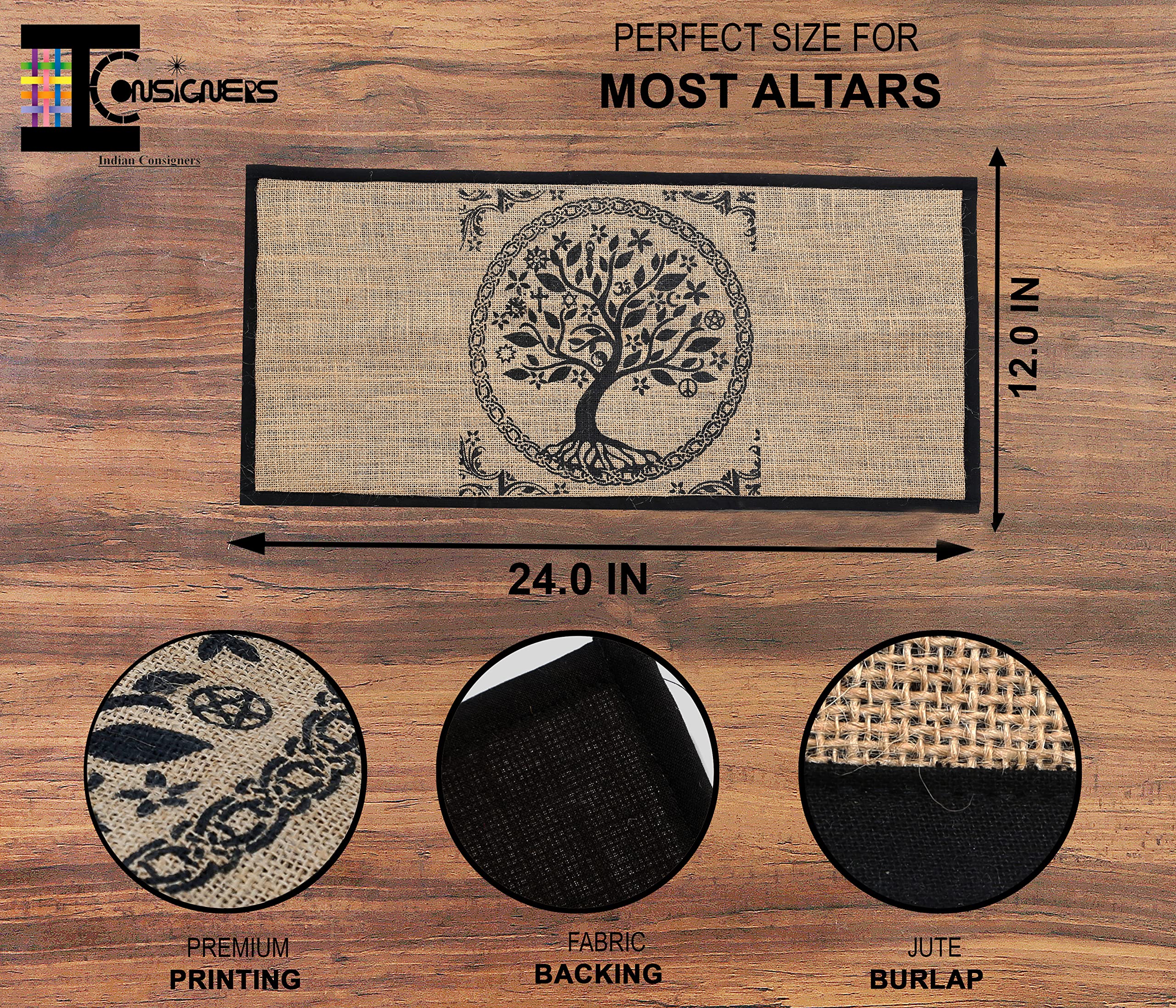 Indian Consigners Altar Cloth - Witchcraft Supplies, Wiccan Altar Tools, Tarot Spread - Witch Pagan Decor, Witchy Gifts - Celtic Tree Of Life - Organic Burlap with Fabric Backing - 24