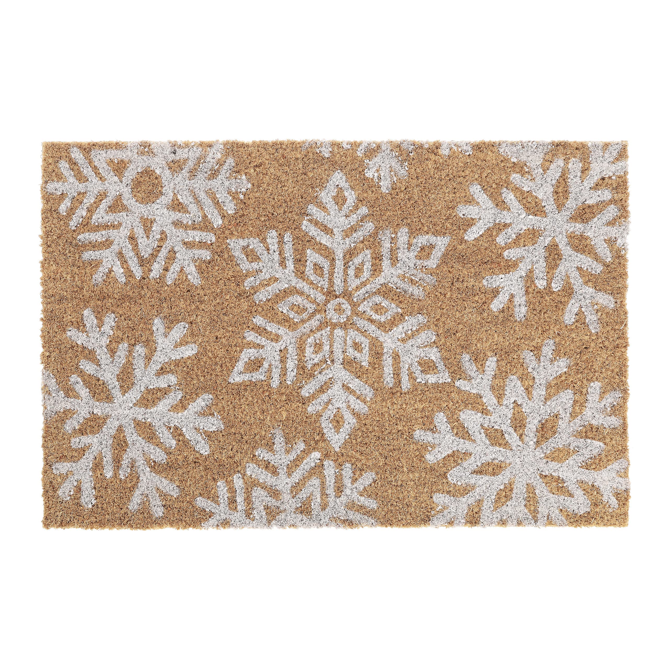 Relaxdays Snowflakes Snow Flakes Christmas Winter Doormat Coir Rubber, 40 x 60 cm, Outdoor, Non-Slip, Brown/White