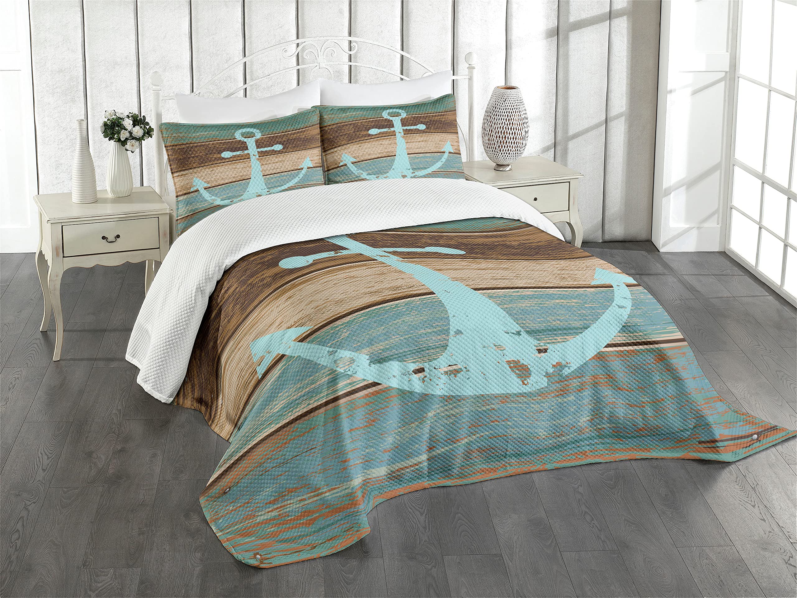 ABAKUHAUS Anchor Bedspread Set, Timeworn Marine Symbol on Weathered Wooden Planks Rustic Nautical Theme, Decorative Quilted 3 Piece Coverlet Set with 2 Pillow Shams, Pale Blue Brown Teal