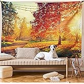 Ambesonne Fall Tapestry, Vibrant Misty Day in Forest Sun Rays Trees Foliage Fallen Leaves Calm View, Wide Wall Hanging for Bedroom Living Room Dorm, 80