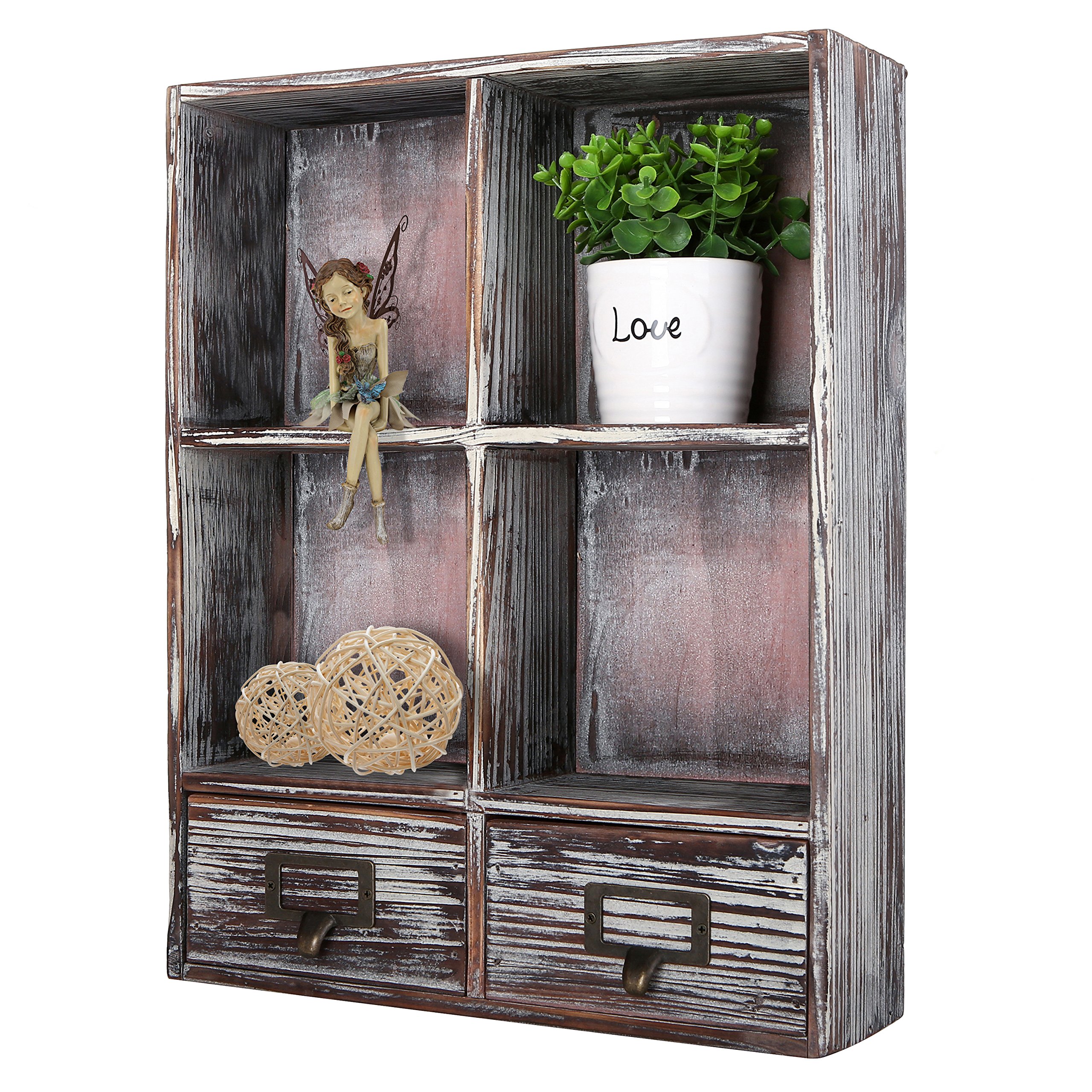 MyGift Rustic Torched Wood Wall Mounted Shadow Box with 4 Cubby