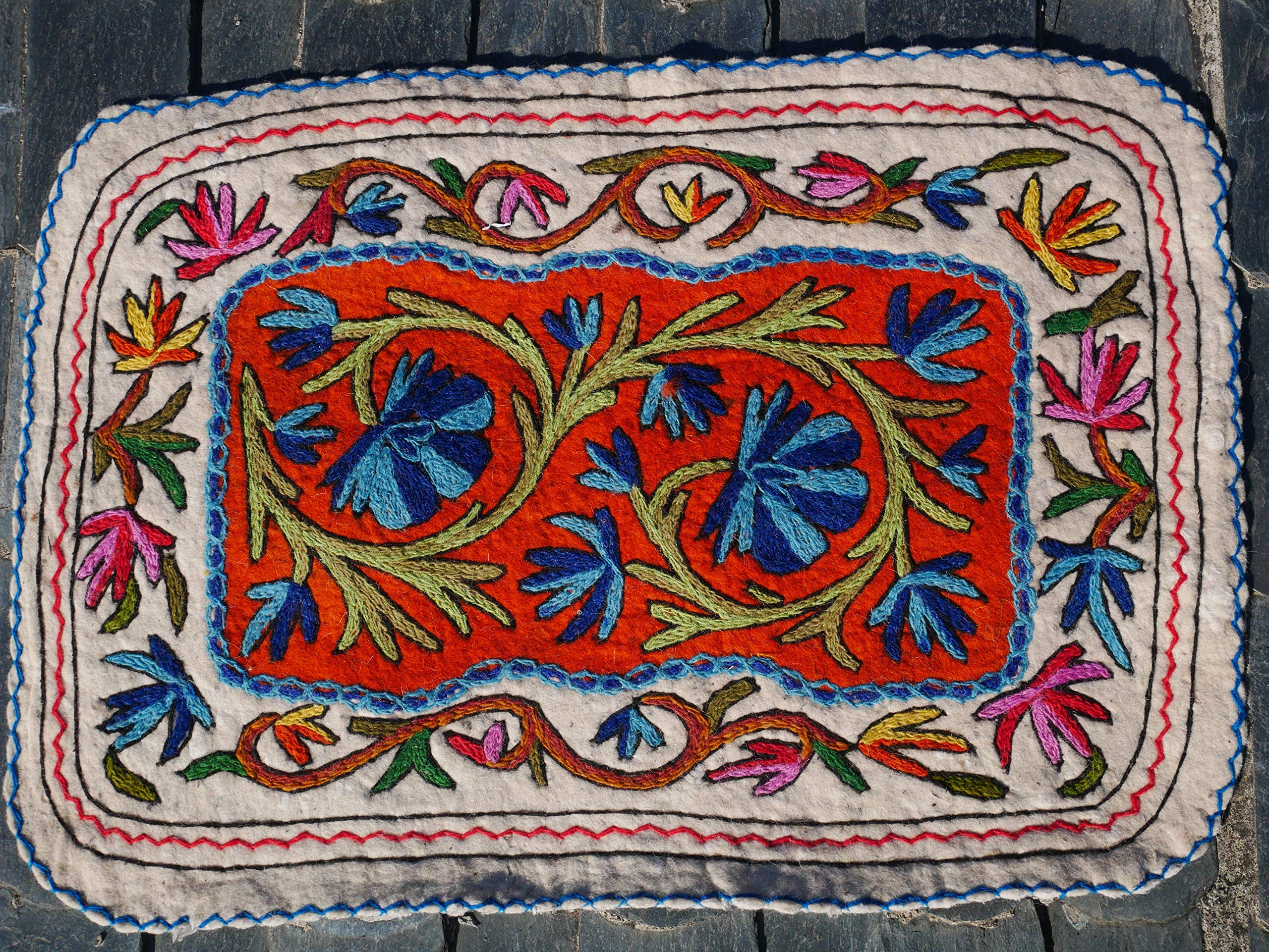 Small felt mat, hand felted wool rug,"Namda" from Kashmir, embroidered