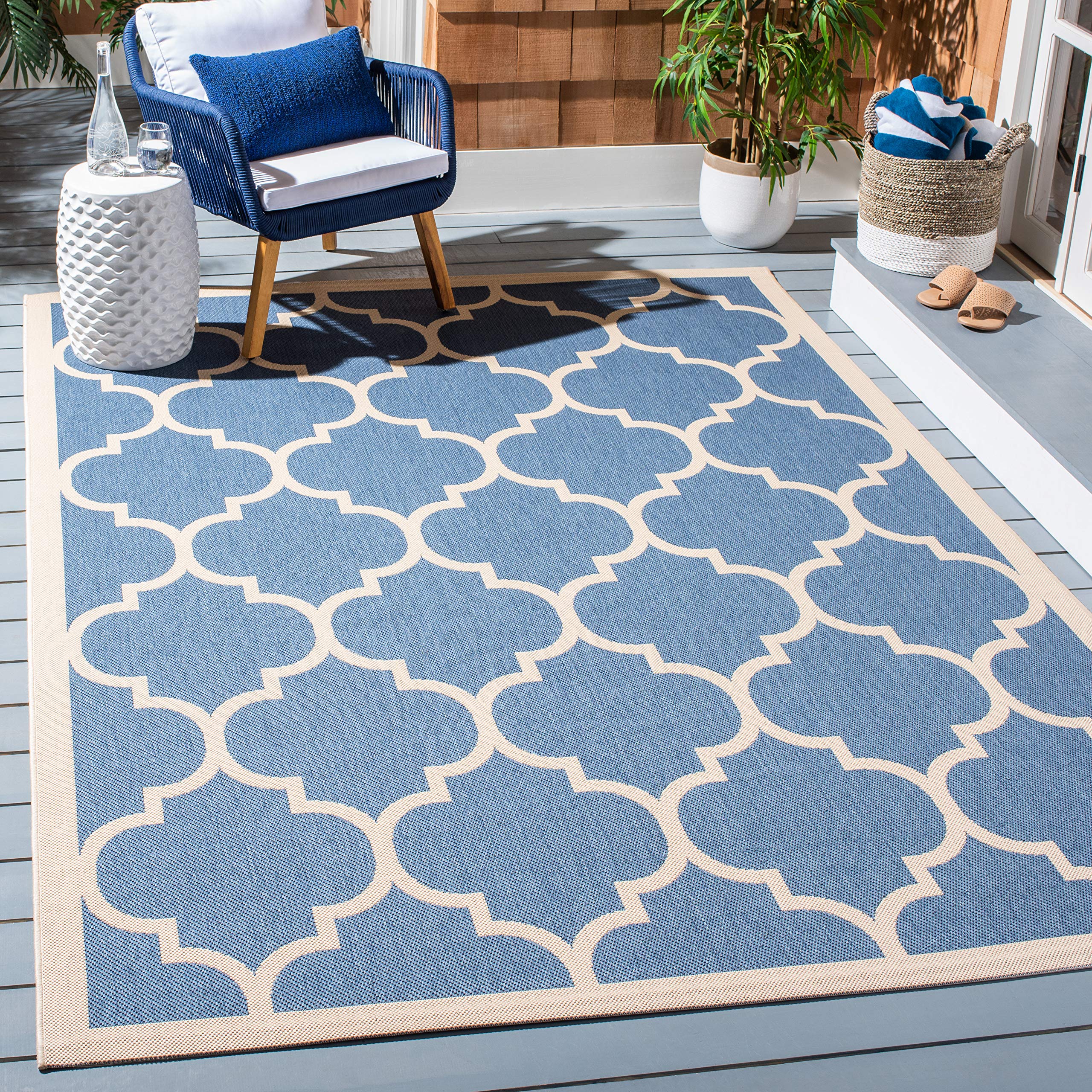 Safavieh Trellis Indoor/Outdoor Woven Rectangle Area Rug, Courtyard Collection, CY6914, in Blue / Beige, 201 X 290 cm for Garden, Patio or Any Outdoor Space